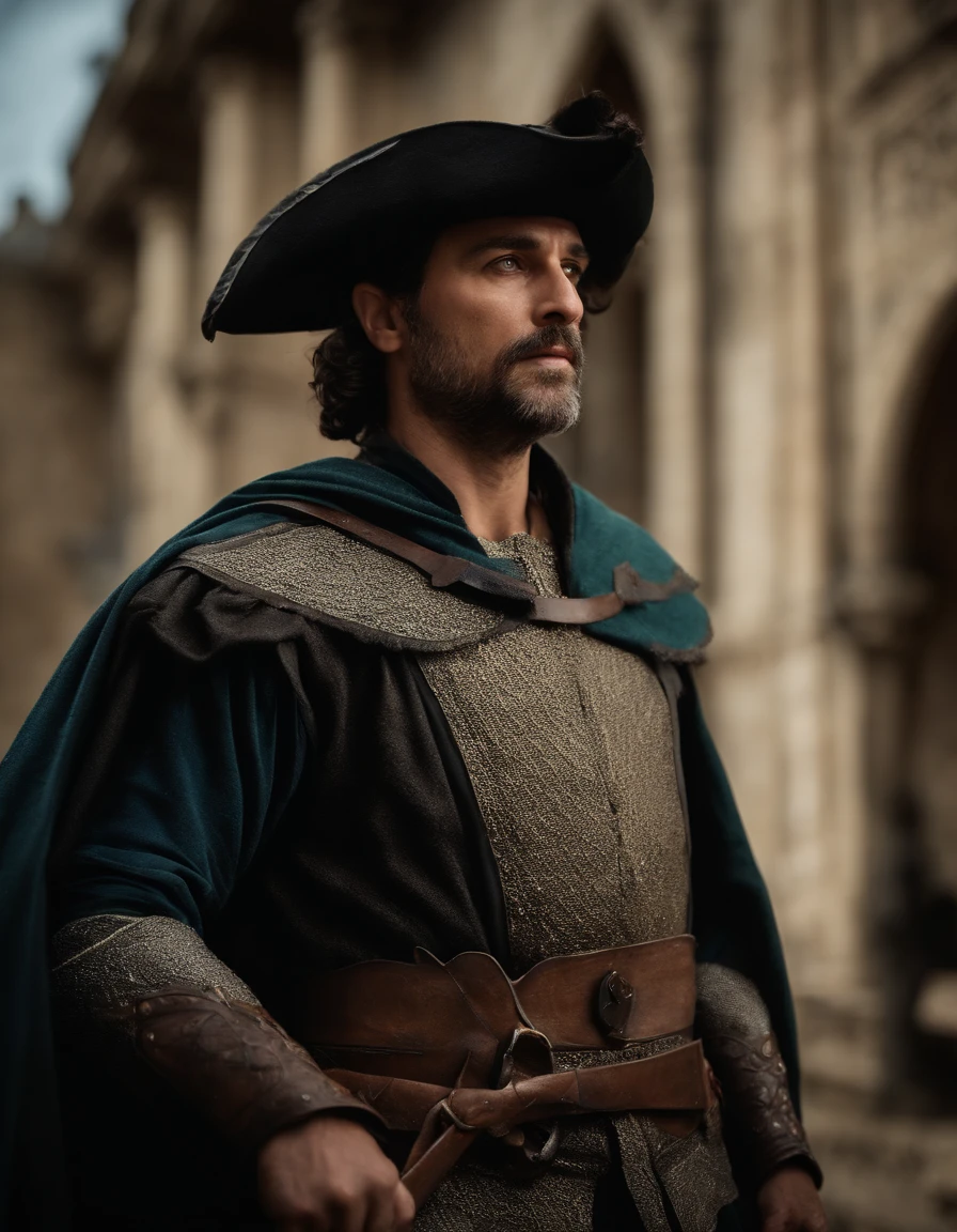 cinematic portrayal, parte superior do corpo, rosto, facing the audience, (realidade :1.3), uma das obras mais bonitas do mundo, A man looks at the camera, trajes medievais, (roupas velhas danificadas e desgastadas :1.4), rosto bonito detalhado, Action Shooting, Fundo antigo da cidade, fotos realistas, CG, Art Station