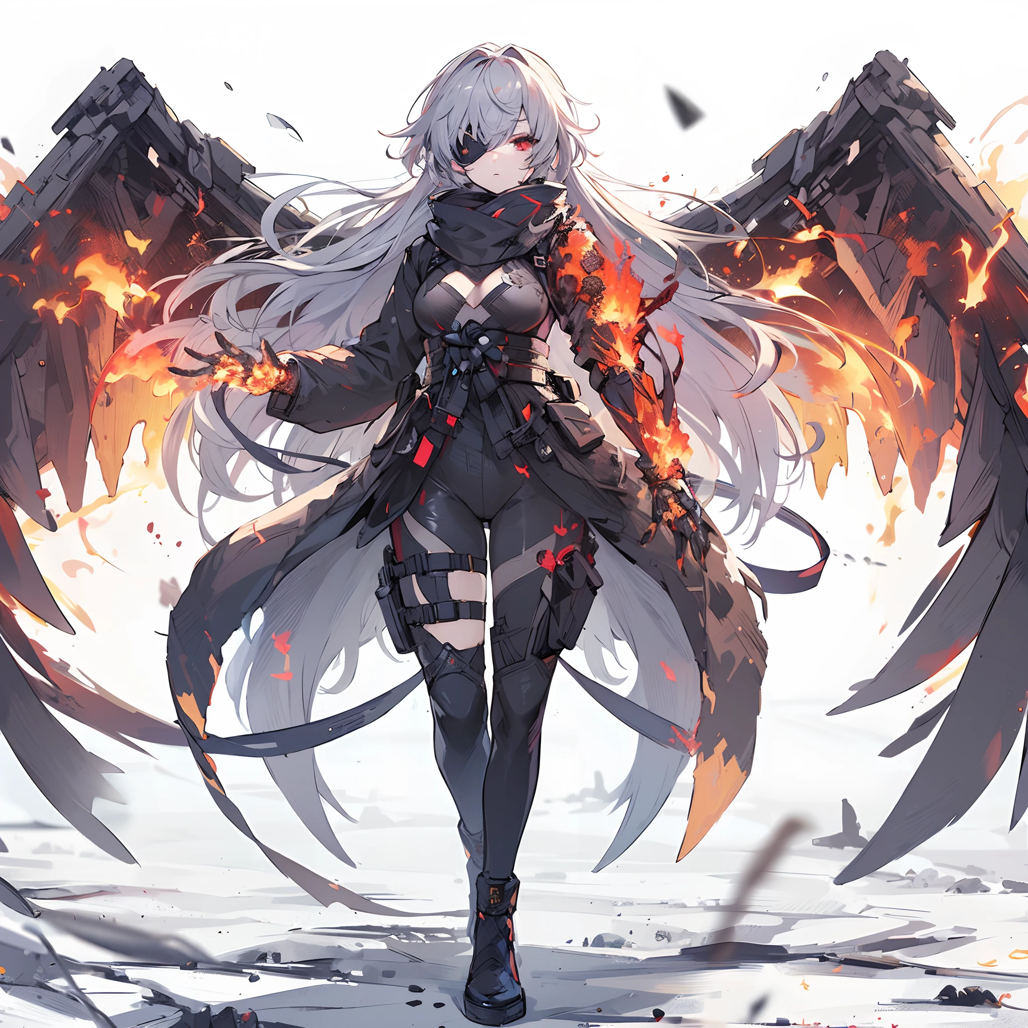 (Masterpiece, best quality), (perfect athlete body:1.2), (detailed hair), ultra-detailed, anime style, full body, Cyber Ninja Girl, in cyber kimono, gray hair, red eyes, eye patch, burning fist, wings shaped from burning ashes, wearing long boots, white background, whole body, standing on wasteland.
