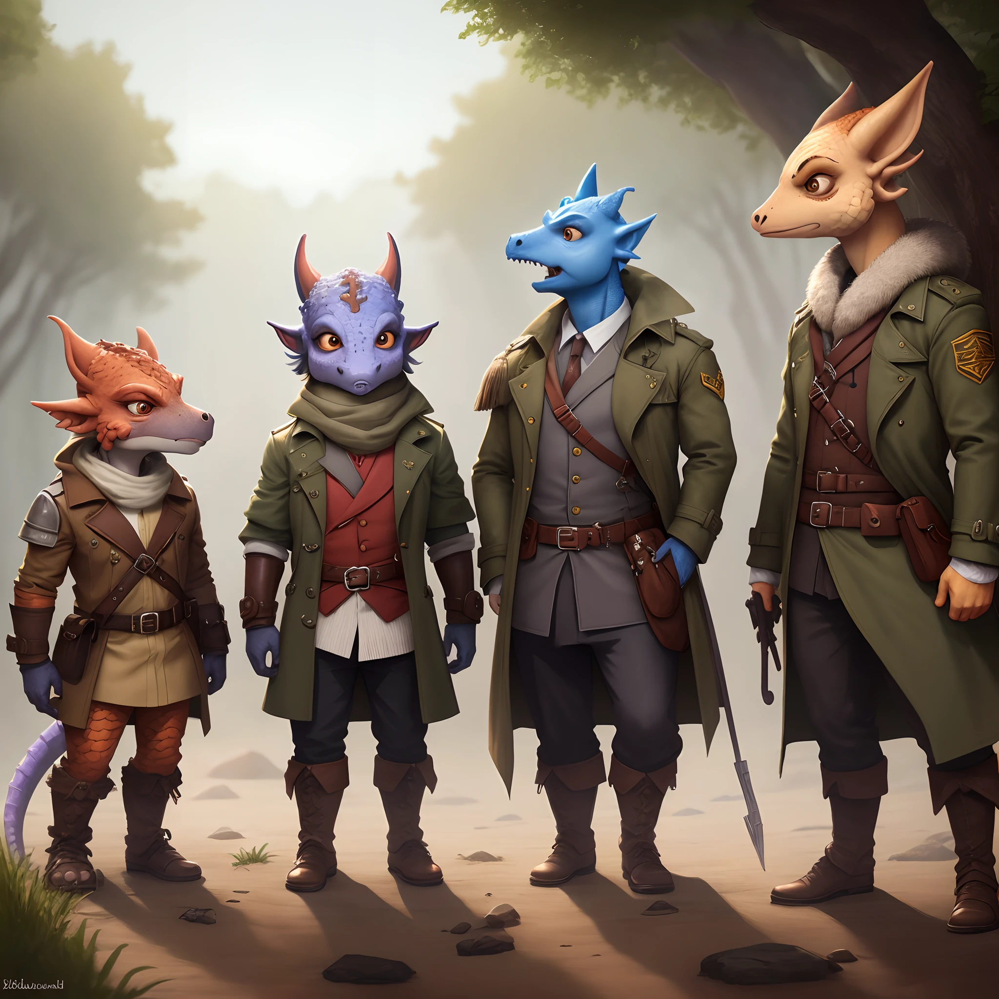 Three kobolds with scales in a trench coat holding flint lock pistols