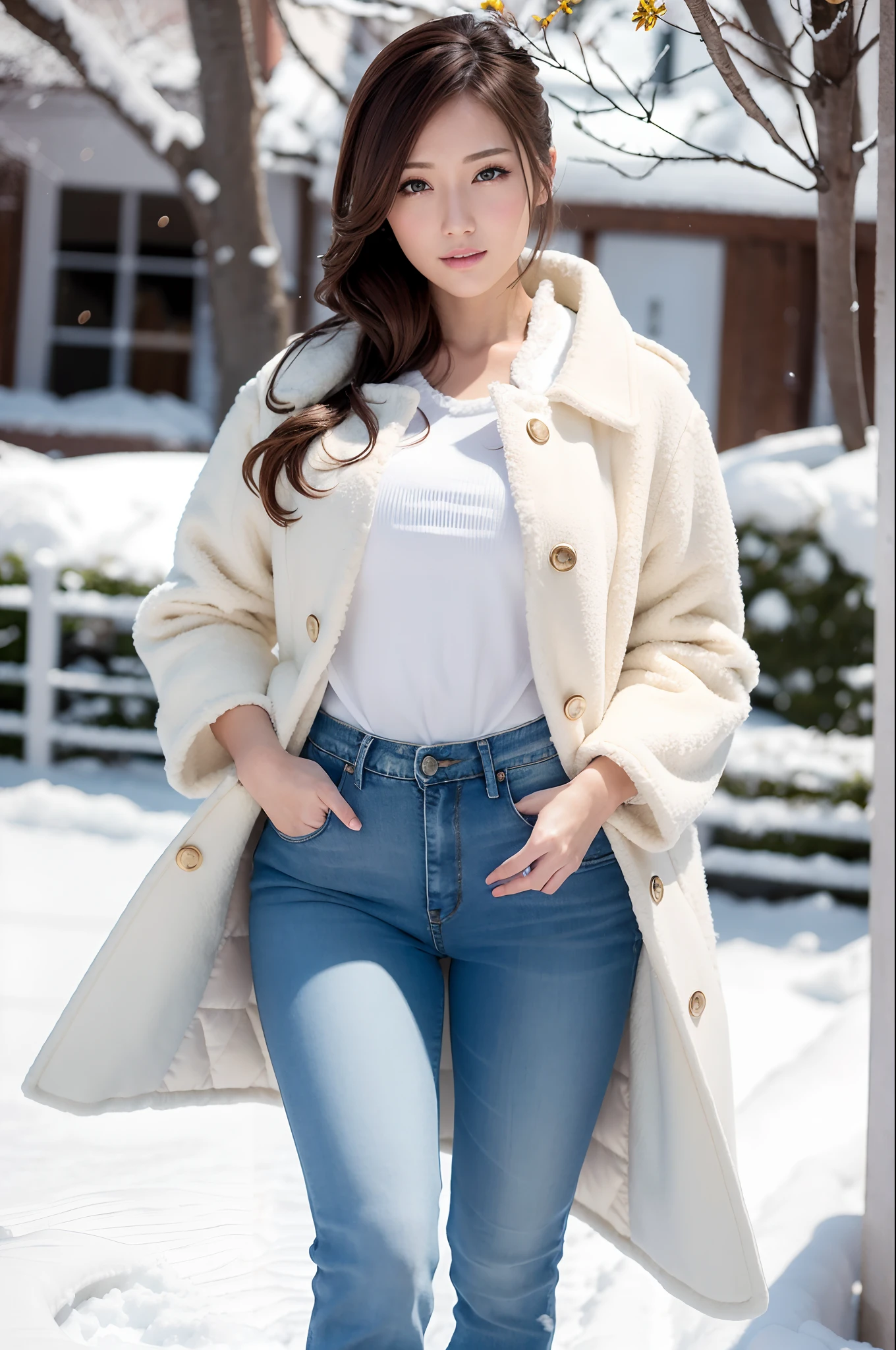 Winters,Snowy landscape,((voluminous coat、Skinny Jeans))、depth of fields,Real Light,Ray traching,OC Renderer,UE5 Renderer,Hyper-realistic,best qualtiy,8K,Works of masters,super-fine,Correct anatomy、(Best Quality, 4K, masutepiece: 1.3), Beautuful Women、Hyper-realistic, 1girl in,hyperdetailed face,Detailed eyes,二重まぶた, (Beautiful detailed lips),Sexy face,Women of Alafe,25-years old、