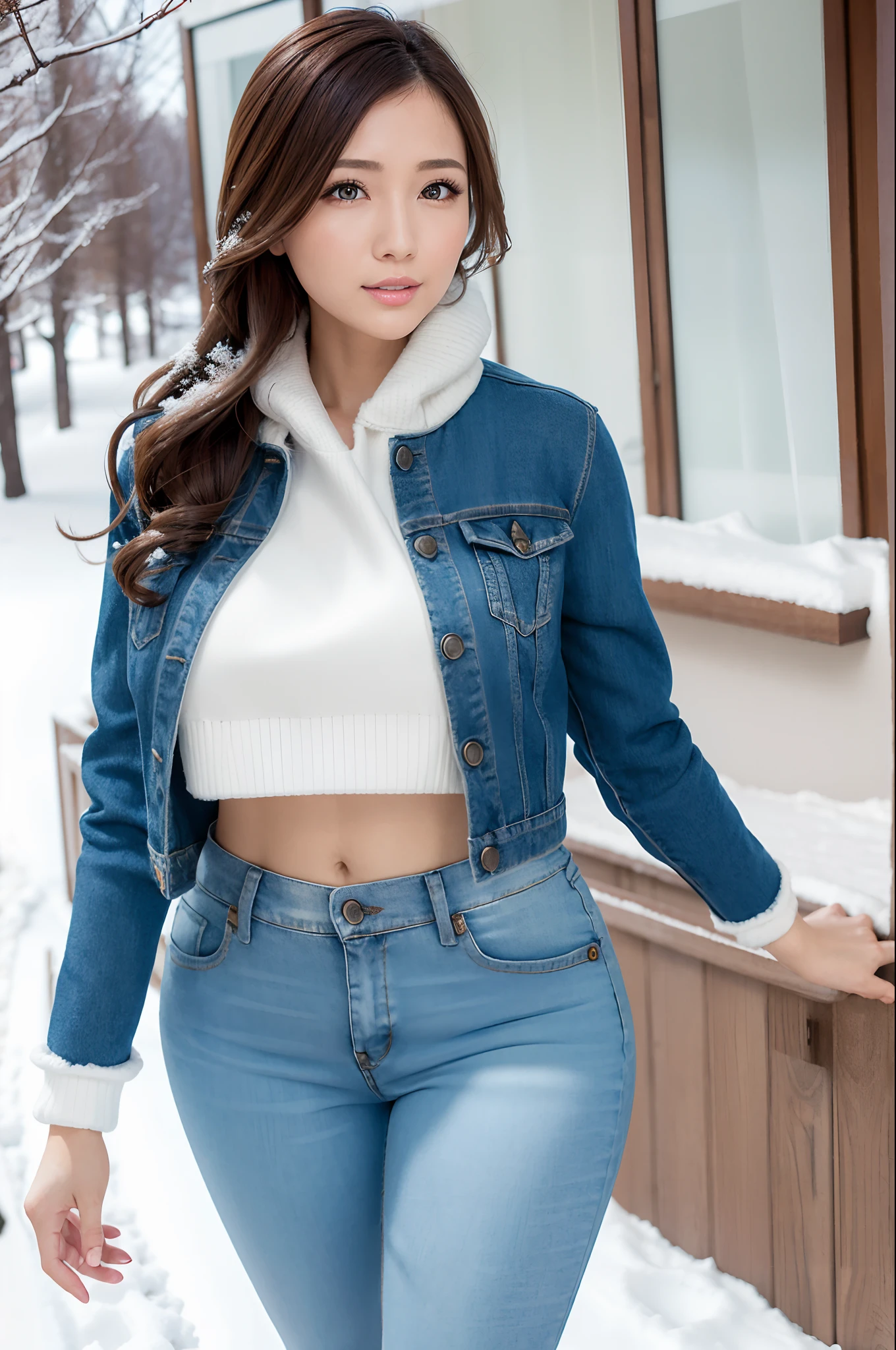 Winters，Snowy landscape，((voluminous coat、Skinny Jeans))、depth of fields，Real Light，Ray traching，OC Renderer，UE5 Renderer，Hyper-realistic，best qualtiy，8K，Works of masters，super-fine，Correct anatomy、(Best Quality, 4K, masutepiece: 1.3), Beautuful Women、Hyper-realistic, 1girl in,hyperdetailed face,Detailed eyes,二重まぶた, (Beautiful detailed lips),Sexy face,Women of Alafe,25-years old、