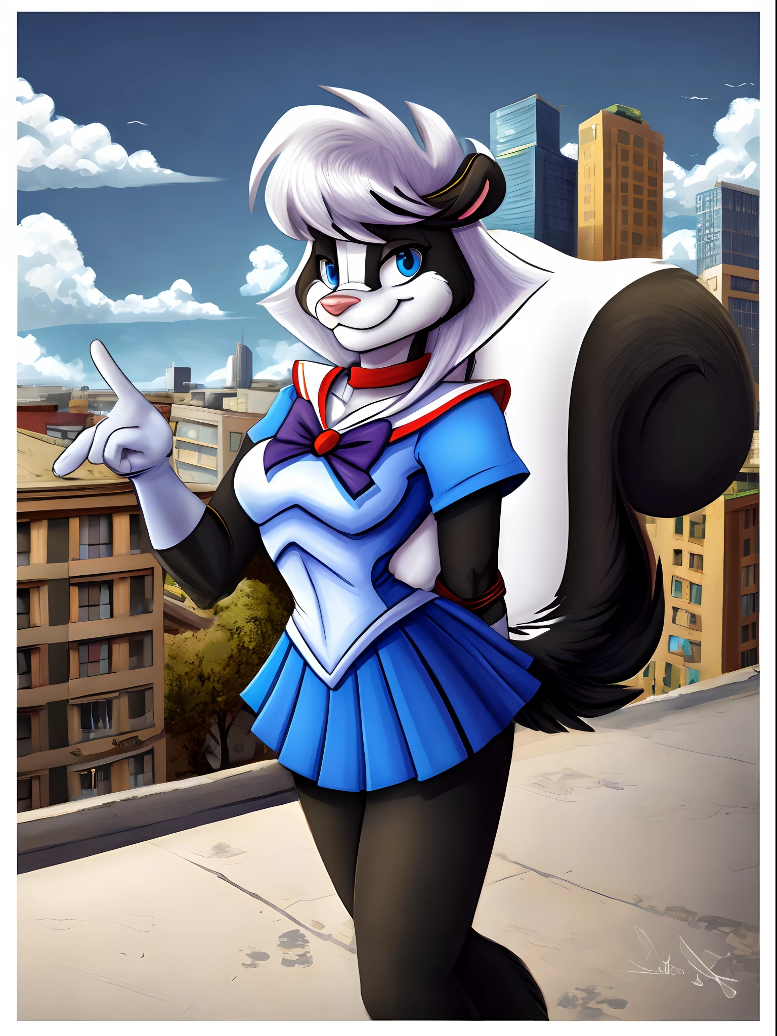 1girl, ((sabrina skunk:1.2)) (furry:1.2), (fluffy:1.1), (anthro:1.2), (snout:1.2), smile, long hair, (sabrinasailorsenshiunifrom:1.1), (regular pupils:1.1, blue eyes:1.1), rooftop, plants, urban, masterpiece, best quality, highres, sv1, sailor senshi uniform, elbow gloves, tiara, blue bow, blue sailor collar, white gloves, jewelry, white leotard, blue sailor skirt, sailor_moon pose