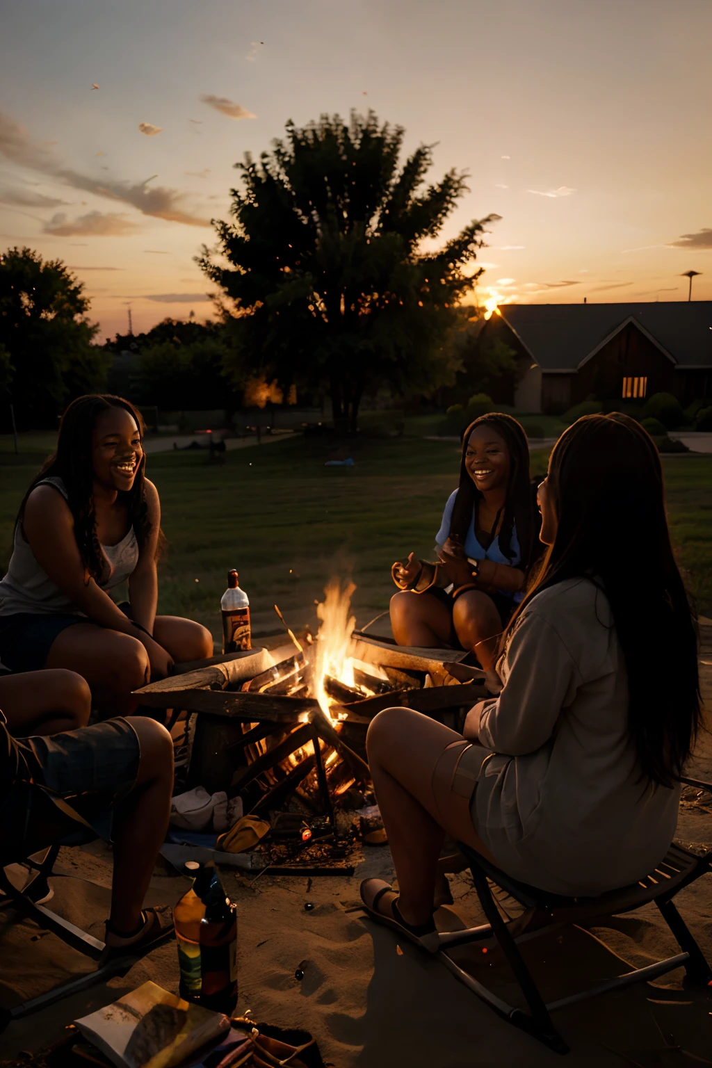 bonfire with beautiful college black girls sitting around a campfire with long hair laughing at sunset