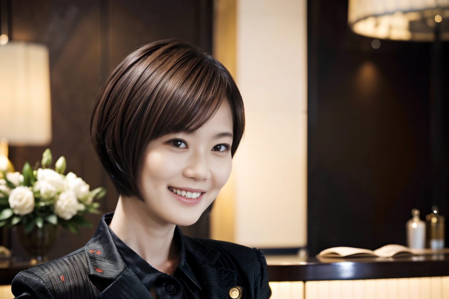50
(19-year-old woman), (A hyper-realistic), (masutepiece), Short bob cut, Concierge at the hotel reception, kindly smile