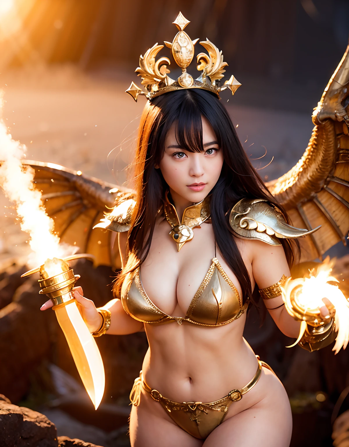 Professional , masterpiece、top-quality、photos realistic , 、top-quality、超A high resolution、(Photorealsitic:1.4)、Raw photo、depth of fields (Gemstone Gold Metal Body:1.9),(Matte White、Toostock、(((heavy breasts)))、(cleavage of the breast)、(Detailed Dragon Armor)、(Have the strongest weapon)、((Random Hairstyles 1.6),Dark Fantasy,)explosions、(Precipitous cliffs),Dragon Gold Weapon,Mystical expression、Particles of light、Fight dragons、(Detailed Dragon Helmet) ,(( Dragon's dense and gorgeous sword)) , Beautiful knife ,Detail and gorgeous crown、((Blue hair))、(Castle background)、、((Gangle's forest background))、Beautiful Caucasian beauty、1a person、dynamic ungle,(((maikurobikini)))、Smaller head、A smile、Castle background、Thin and beautiful female hands、cleavage of the breast、Soldier in iron armor on background、Mystical expression、Light Effects、intense fighting、Wind-effect、magic circles、With the legendary magic wand、(demonic wings)、Toostock、