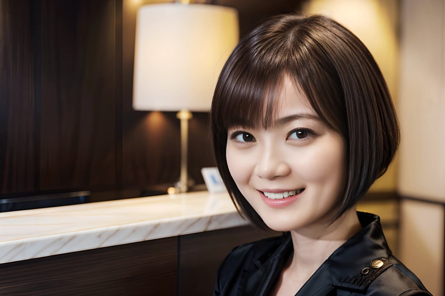 50
(19-year-old woman), (A hyper-realistic), (masutepiece), Short bob cut, Concierge at the hotel reception, kindly smile