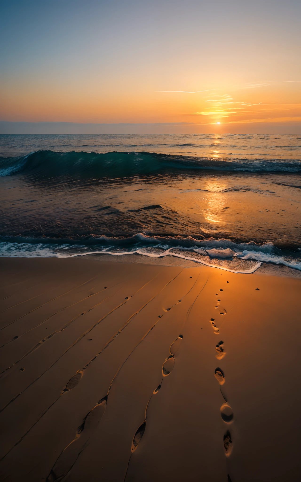 Sunset view on the seashore with the sky colored in orange, red and yellow colors. The waves gently touch the shore and carry with them quiet sounds. This moment can be full of stillness and natural beauty with high-quality precision