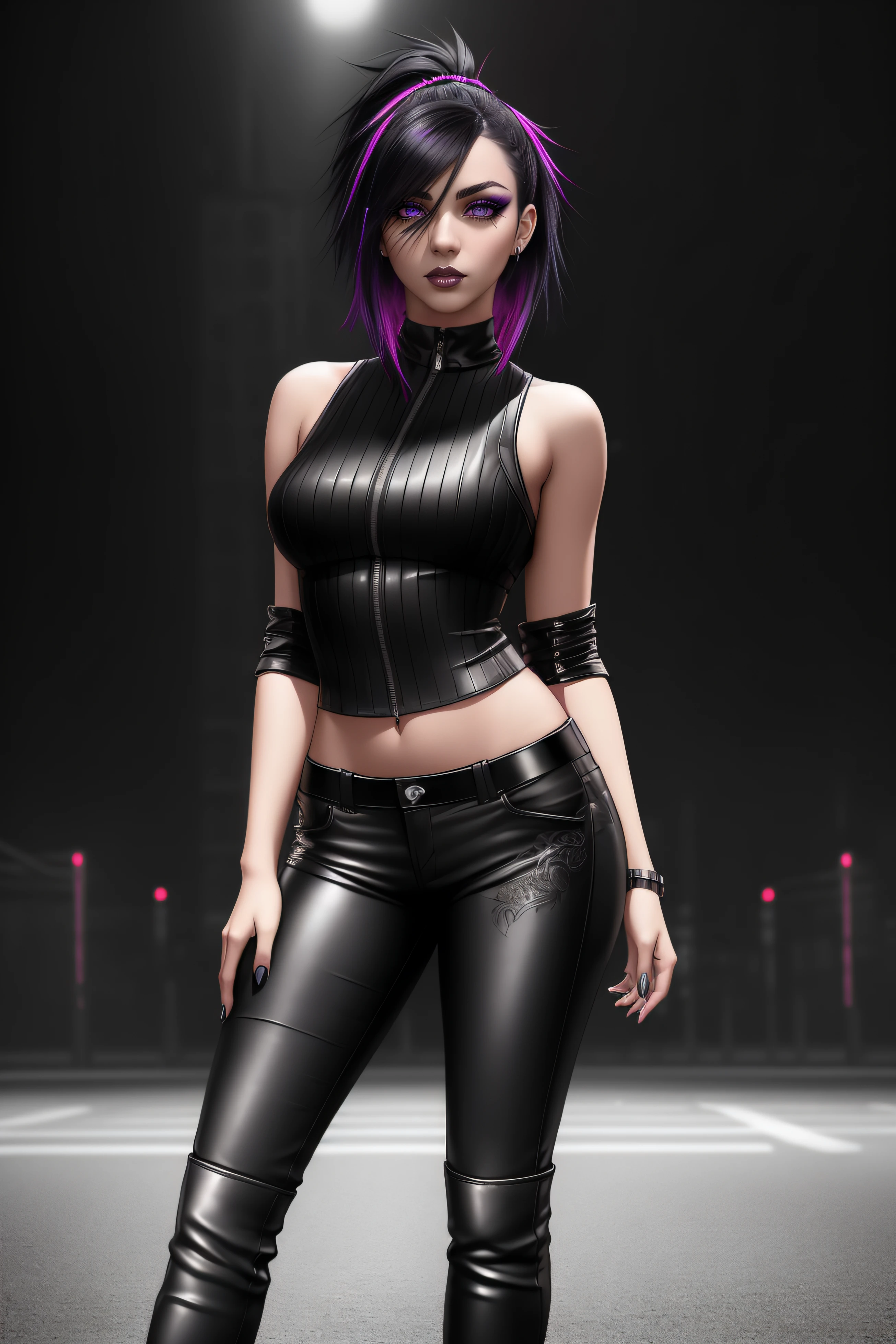 beautiful girl, ((standing:1.4)), (confident gaze:1.1), full body, short bright neon streaked black hair, ((realistic highly detailed eyes:1.4)), ((seductive pose:1.2)), black eyeshadow, (street style wear:1.2), ((tight fitted pants)), ((knee high leather boots)), (dark city night black background:1.4), dark makeup, digital art, trending on artstation, highly detailed, fine detail, intricate, detailed facial features, sharp focus, smooth, aesthetic,