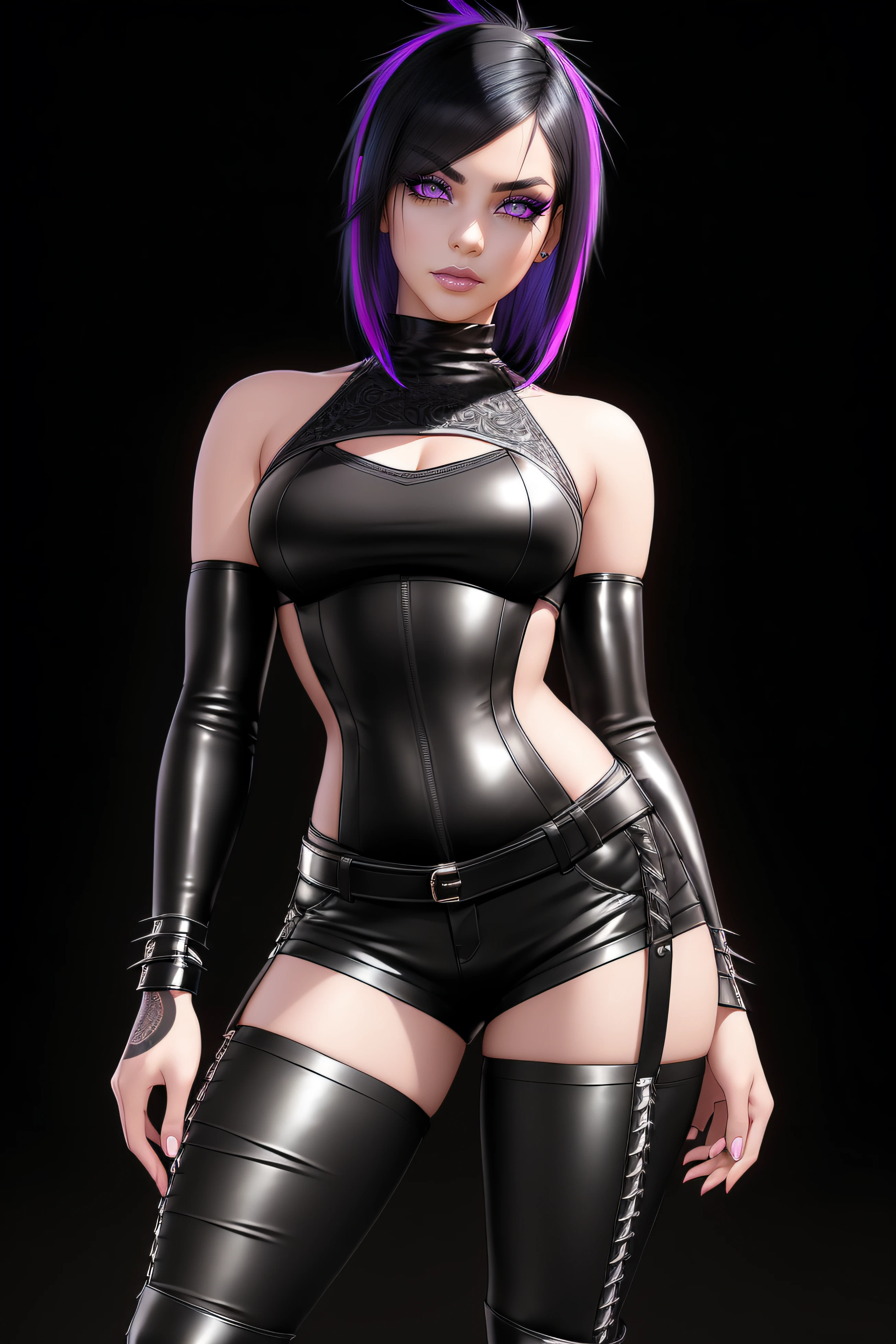 beautiful girl, ((standing:1.4)), (confident gaze:1.1), full body, short bright neon streaked black hair, ((realistic highly detailed eyes:1.4)), ((seductive pose:1.2)), black eyeshadow, (street style wear:1.2), ((tight fitted pants)), ((knee high leather boots)), (dark city night black background:1.4), dark makeup, digital art, trending on artstation, highly detailed, fine detail, intricate, detailed facial features, sharp focus, smooth, aesthetic,