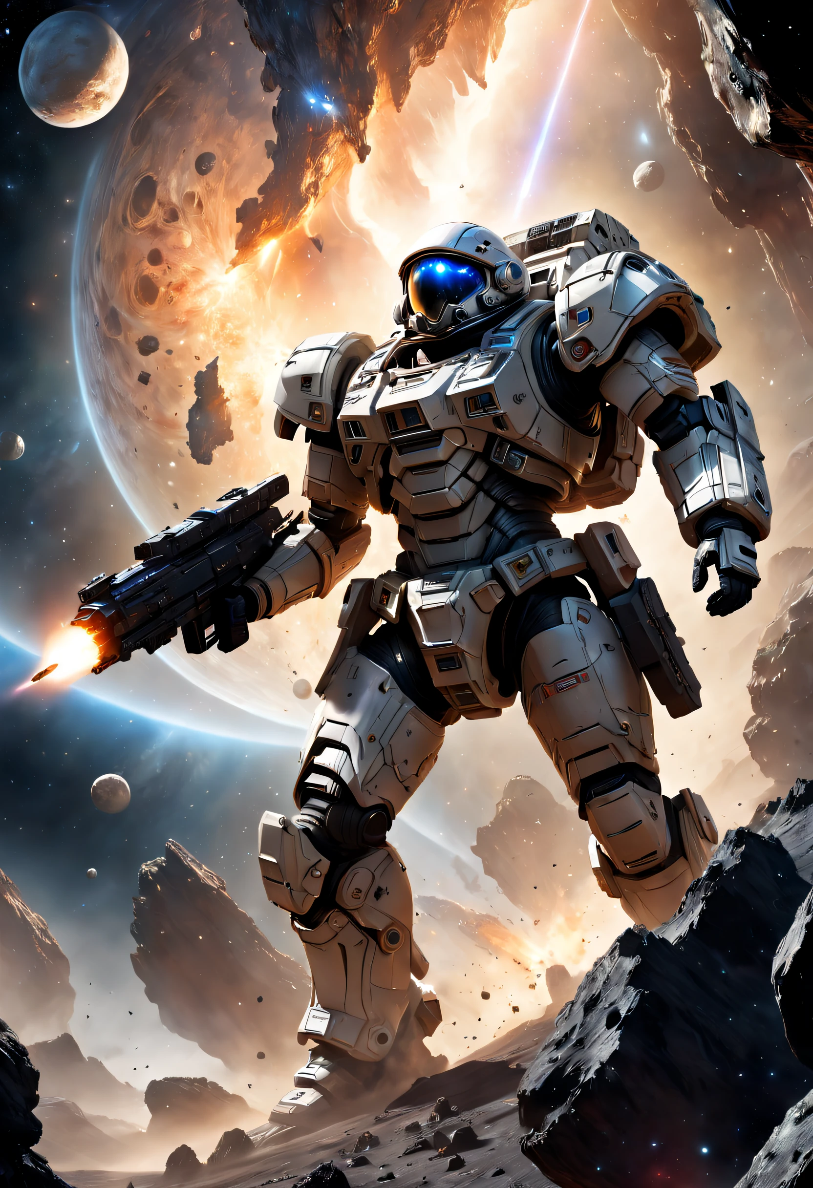 climbing the asteroid,Interstellar,Endless space,A heavily armed warrior fell from the sky,ssee-through,depth of fields,((Masterpiece)),(Best quality)),Magnificent space image scene,surrealism, Super detail, ccurate, Best quality, hyper HD, Masterpiece, Anatomically correct, A high resolution, 16k