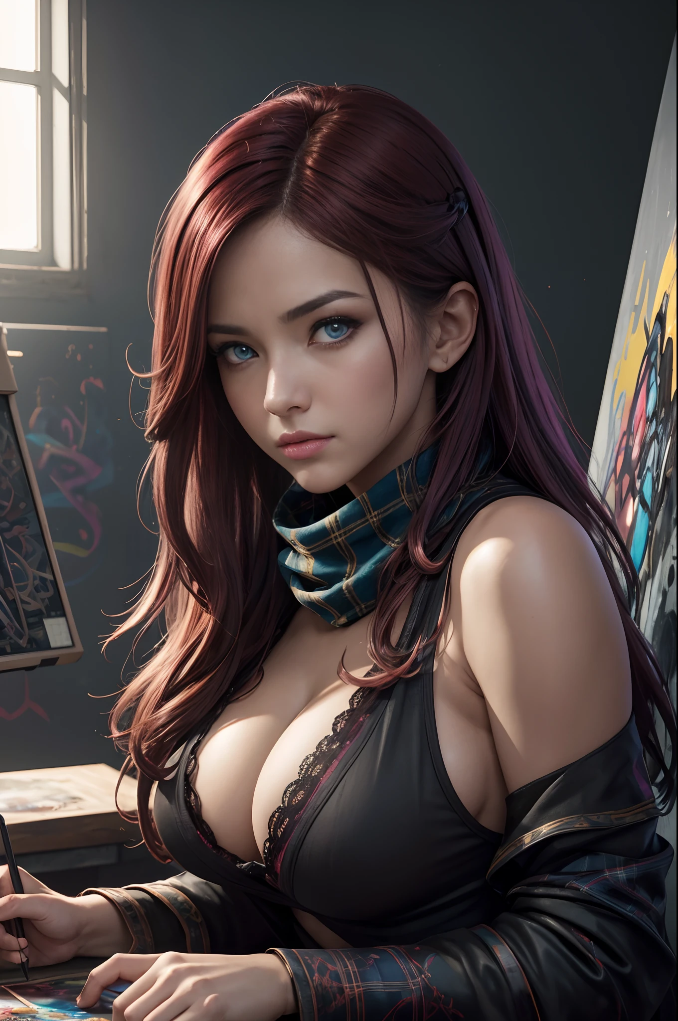 (dark shot:1.1)、The Magnificent Real、Hello Portrait、Lunette des Soleil、blue eyess、Tartan Scarf、Gray hair of Ateigairan、by Greg Rutkowsky、greg tocchini、by james gilleard、joe fenton、Käthe Butcher、gradient yellow、brack、brown、Magenta color scheme、grunge aesthetic!!Graffiti tag wall background、Art by Greg Rutkowski and ArtGerm、Soft Cinematic Lights、Adobe Lightroom、Photolab、HDR、Complex and ultra-detailed、(depth of fields:1.4)、fade、(neutral colors:1.2)、(HDR:1.4)、(Subdued Color:1.2)、Hyper-detailing、(art stations:1.4)、Film-like、warm light、Dramatic light、(intricate detailes:1.1)、the complex background、(Rutkowski:0.66)、(teal and orange:0.4)Red-headed sage、mature female with large breasts,Emphasize cleavage,enticing,sexy pose,Poses that seduce viewers,Nasty look,long red hair,