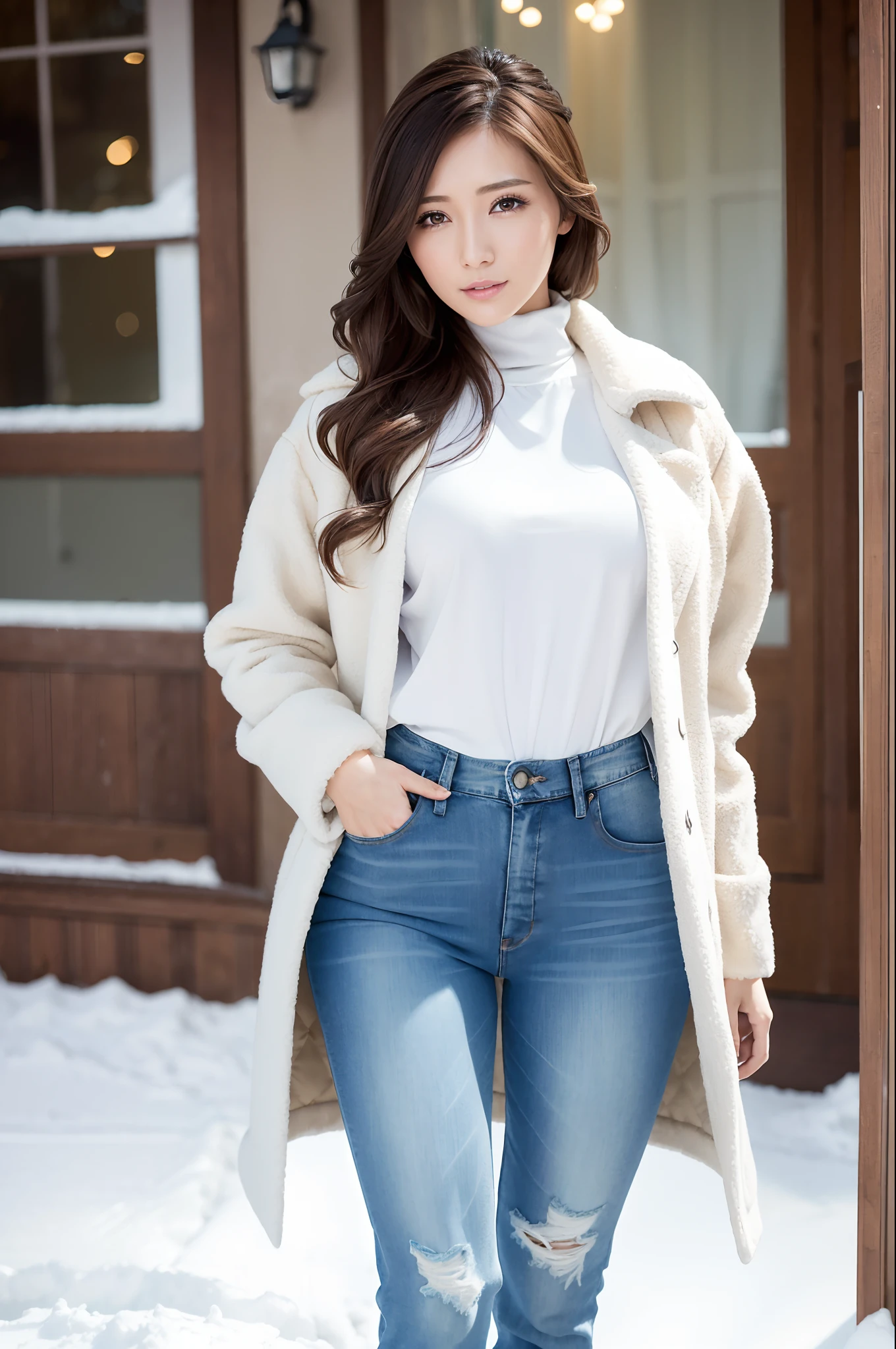 Winters，Snowy landscape，((voluminous coat、Skinny Jeans))、depth of fields，Real Light，Ray traching，OC Renderer，UE5 Renderer，Hyper-realistic，best qualtiy，8K，Works of masters，super-fine，Correct anatomy、(Best Quality, 4K, masutepiece: 1.3), Beautuful Women、Hyper-realistic, 1girl in,hyperdetailed face,Detailed eyes,二重まぶた, (Beautiful detailed lips),Sexy face,Women of Alafe,25-years old、