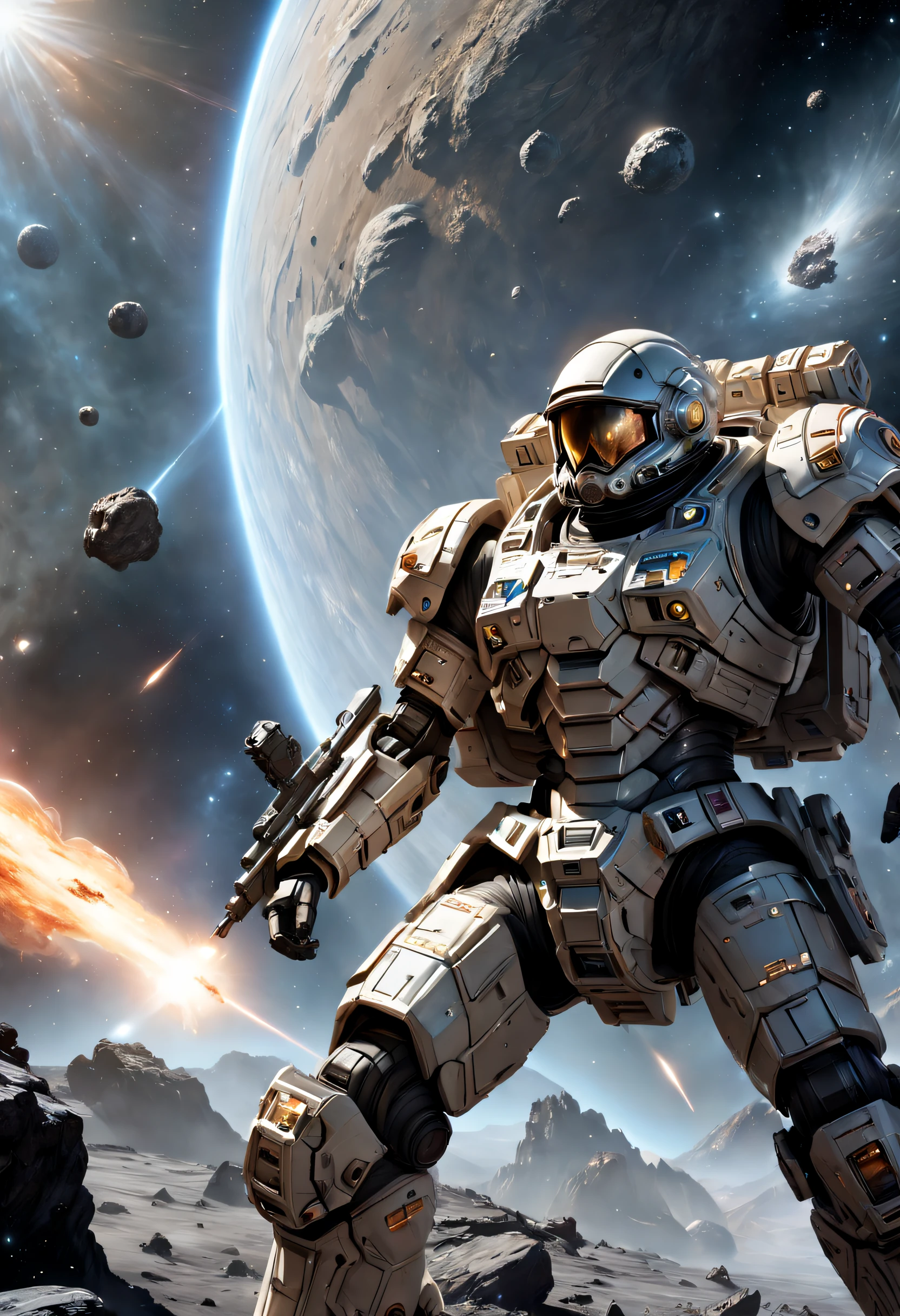 climbing the asteroid,Interstellar,Endless space,A heavily armed warrior fell from the sky,ssee-through,depth of fields,((Masterpiece)),(Best quality)),Magnificent space image scene,surrealism, Super detail, ccurate, Best quality, hyper HD, Masterpiece, Anatomically correct, A high resolution, 16k