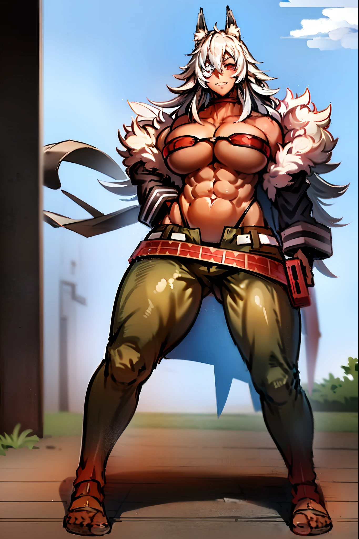 (best quality,4k,8k,highres,masterpiece:1.2),ultra-detailed,(:1.37),ghislaine dedoldia,animal ears,white hair,standing,sword holding,full body,boots,warrior,choker,fur trim,large breasts,abs,muscular woman,smiling,pants,flipflops