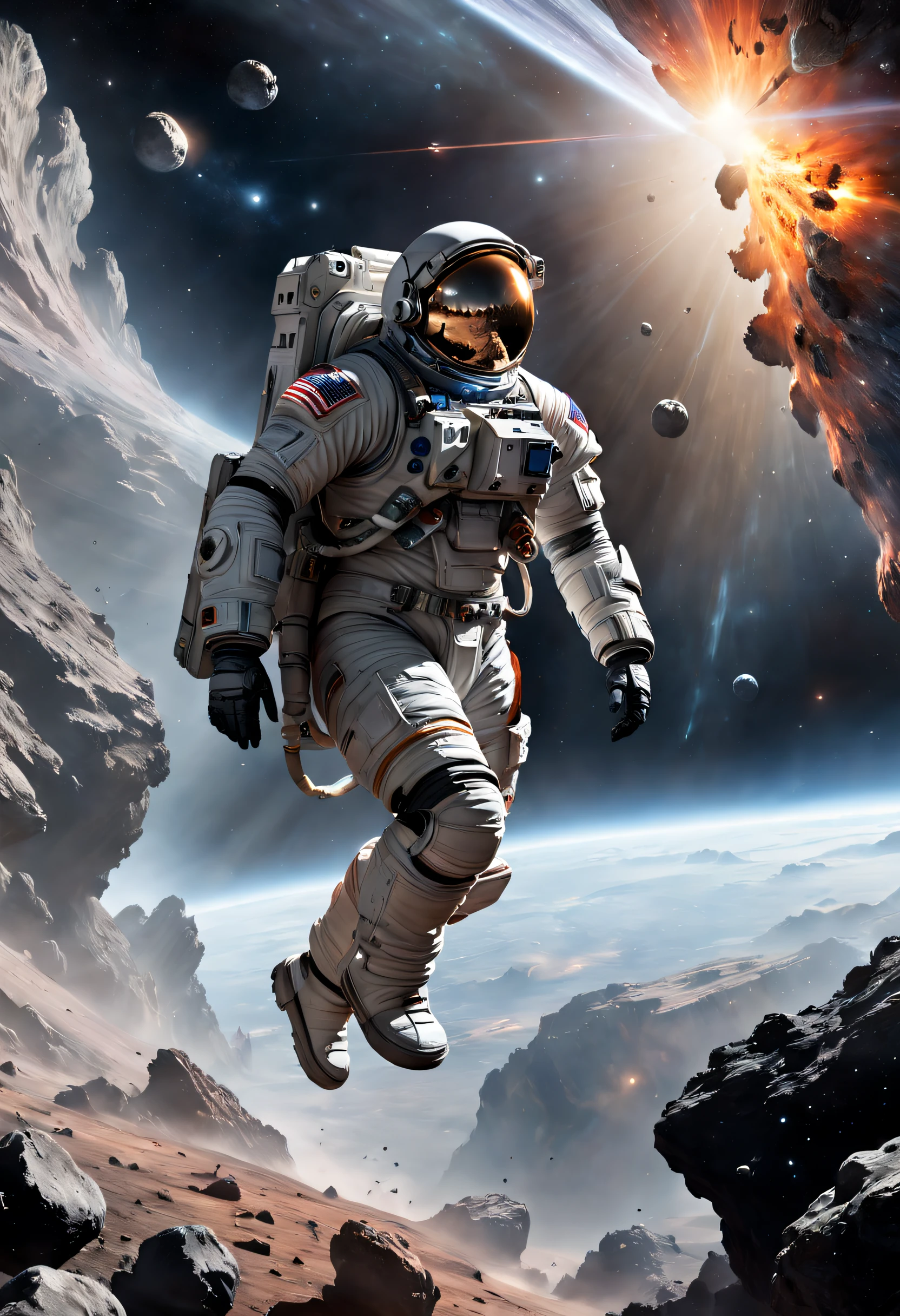 The astronaut，climbing the asteroid，Interstellar，Endless space，A heavily armed warrior fell from the sky，ssee-through，depth of fields，((Masterpiece))，(Best quality))，Magnificent space image scene，surrealism, Super detail, ccurate, Best quality, hyper HD, Masterpiece, Anatomically correct, A high resolution, 16k