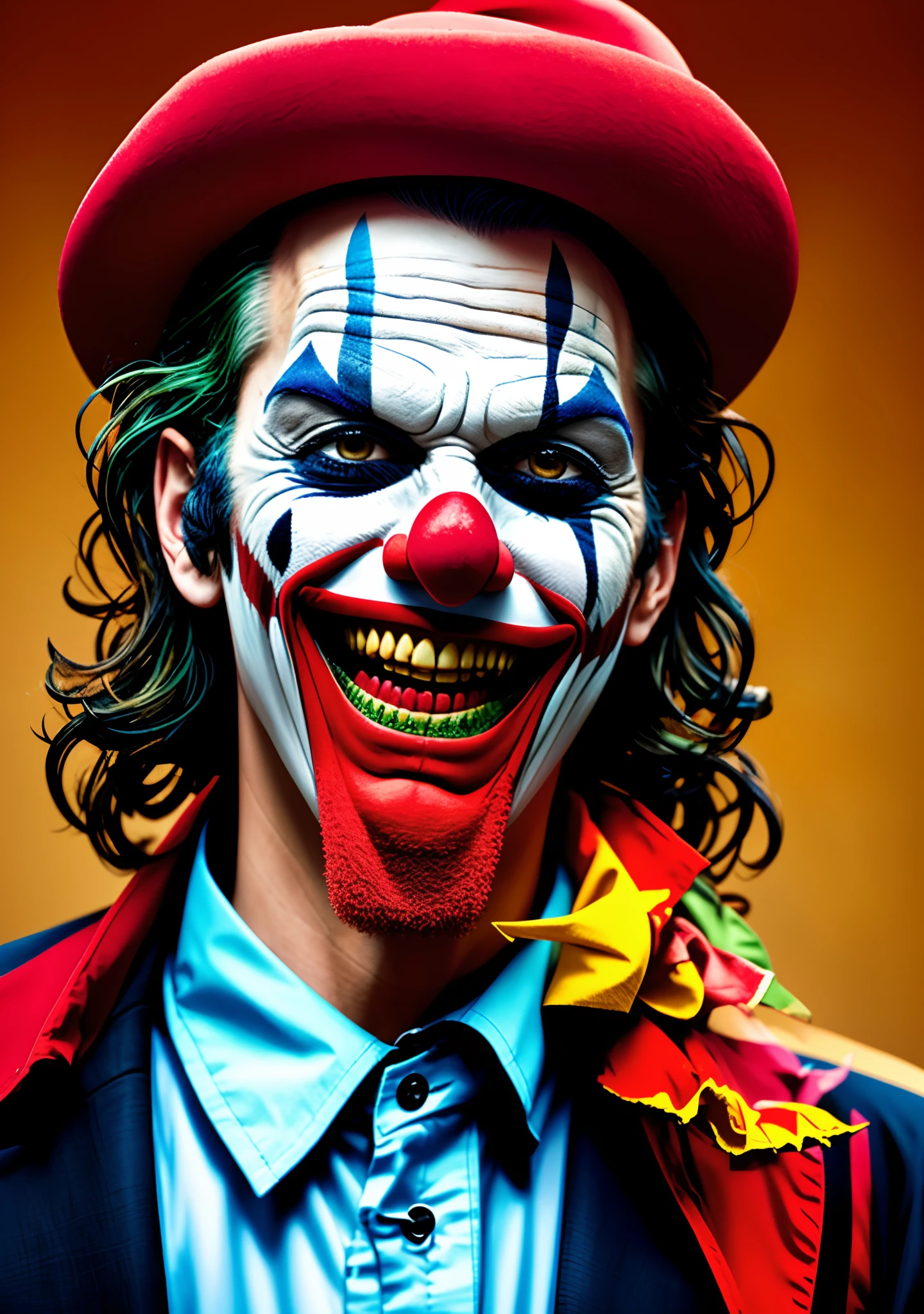 a clown who has features of the Joker with unique makeup, purple hair, a scar on his face, a wider smile, looks scarier and has a red nose, he looks exactly like Lee Miller, which had fallen as a hell in a dark