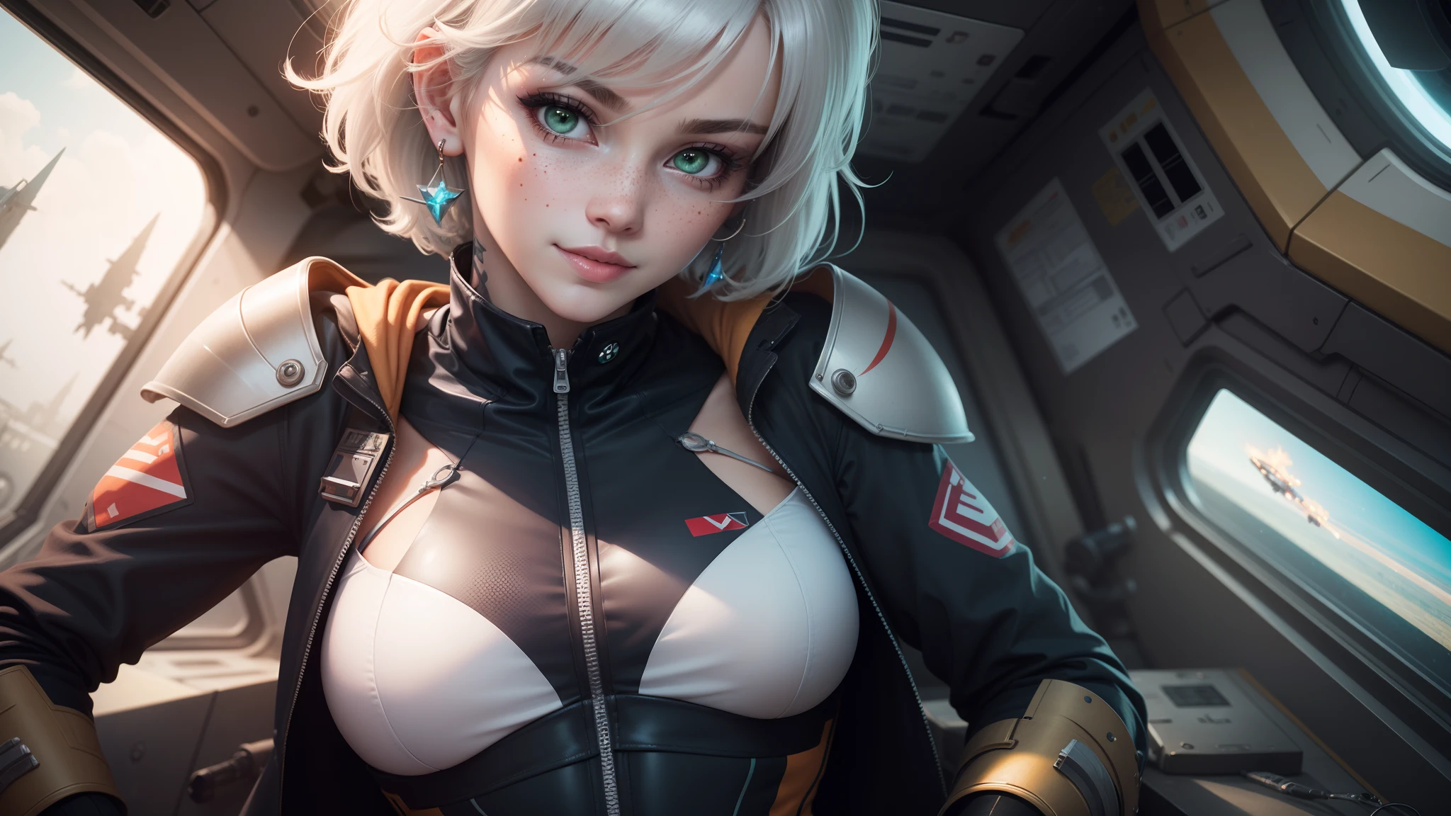 gwen tennyson,ryuuko matoi,y'shtola rhul,tracer,atelier ryza,overwatch,close up,mecha pilot,space port,tattoos,orange and silver plugsuit,white short sleeve lycra top,steel cargo pants,uncovered belly,short hair,cute makeup,green eyes,dimensional golden hair,shy smile,freckles,beautiful girl,large breasts,8k,ultra detailed,realistic,fantasy art,saiyan armor,cyborg armor,steel armor,space ship,pilot uniform,ear piercings,hair pin,super saiyan girl,saiyan female,pilot jacket,