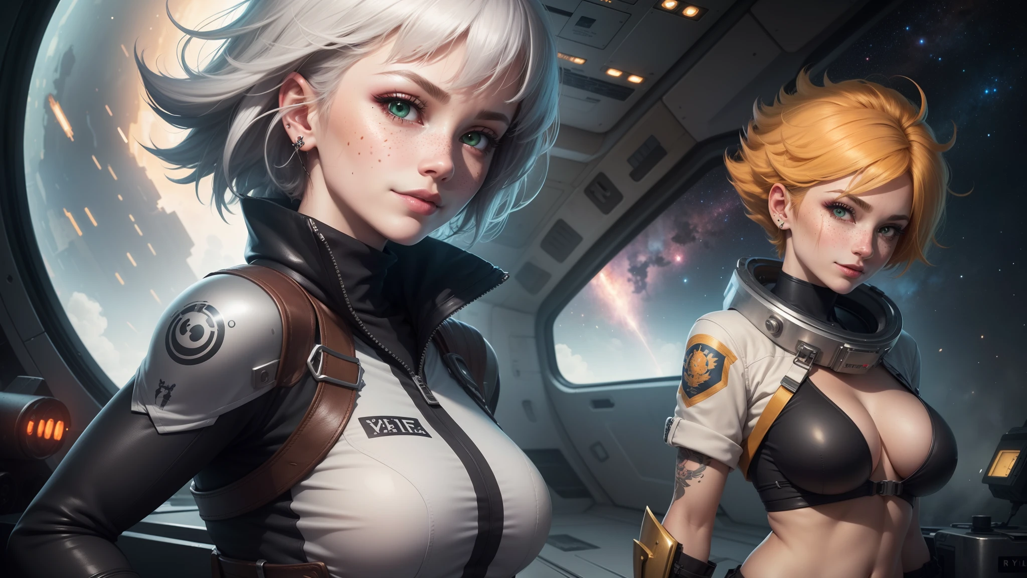 gwen tennyson,ryuuko matoi,y'shtola rhul,tracer,atelier ryza,overwatch,close up,mecha pilot,space port,tattoos,orange and silver plugsuit,white short sleeve lycra top,steel cargo pants,uncovered belly,short hair,cute makeup,green eyes,dimensional golden hair,shy smile,freckles,beautiful girl,large breasts,8k,ultra detailed,realistic,fantasy art,saiyan armor,cyborg armor,steel armor,space ship,pilot uniform,ear piercings,hair pin,super saiyan girl,saiyan female,pilot jacket,