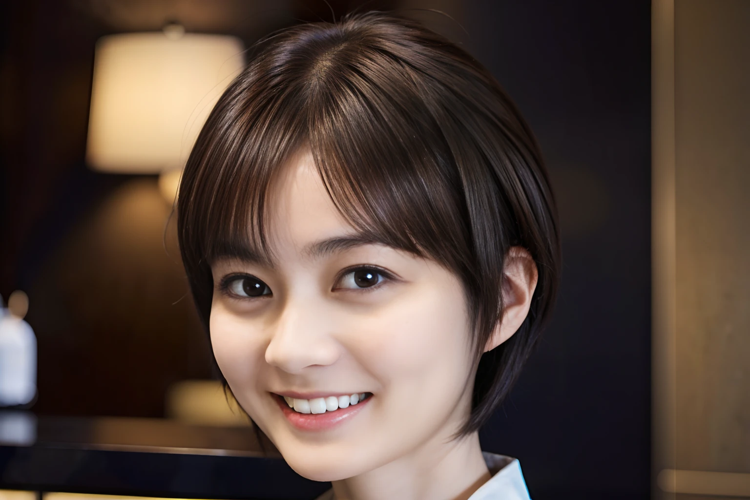 50
(19-year-old woman), (A hyper-realistic), (masutepiece), Short bob cut, Concierge at the hotel reception, kindly smile