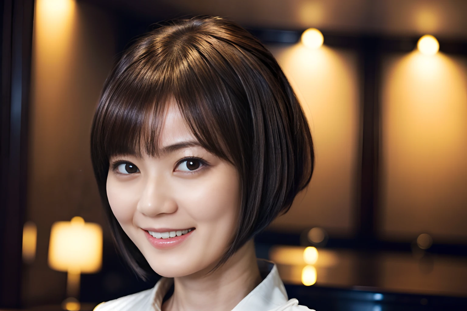 50
(19-year-old woman), (A hyper-realistic), (masutepiece), Short bob cut, Concierge at the hotel reception, kindly smile