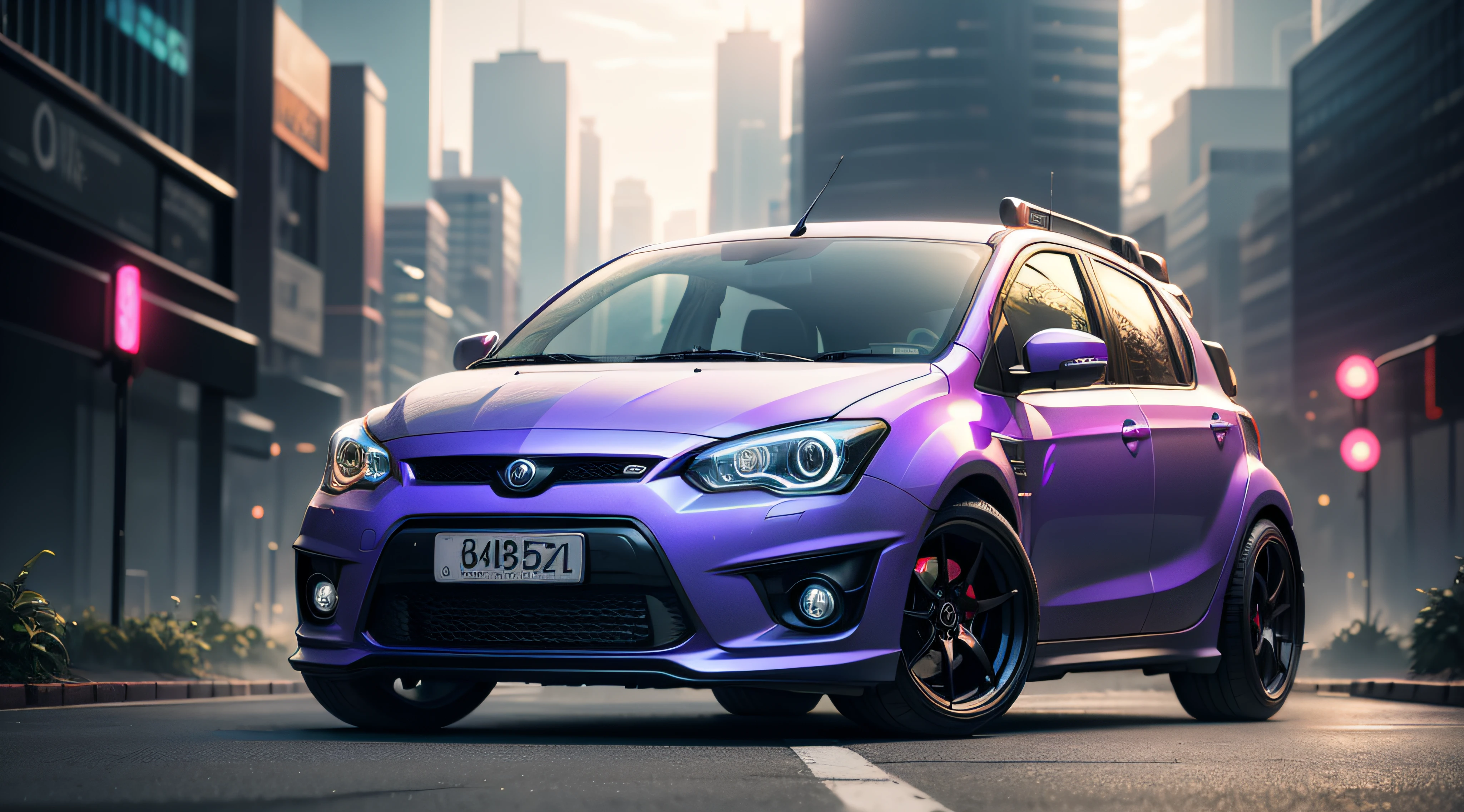 Cute hatchback car with cyberpunk background. Desktop Wallpaper