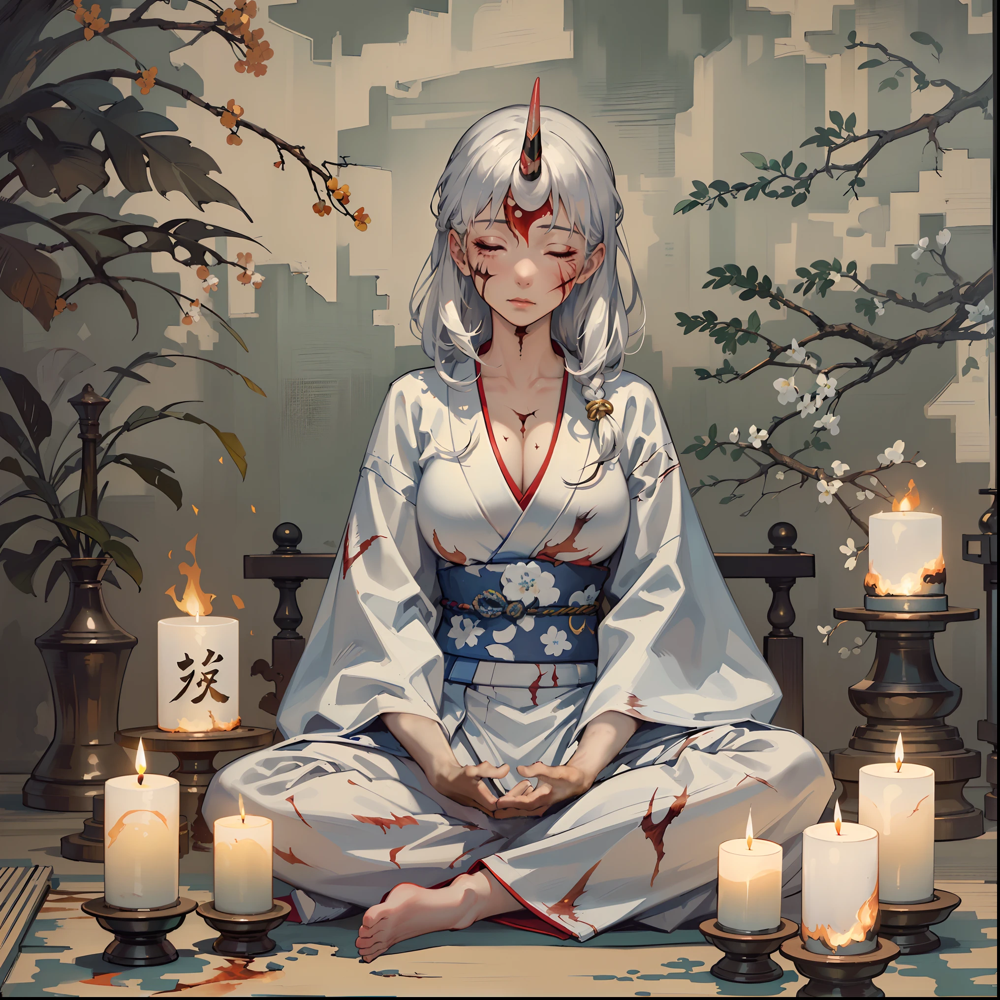 (masterpiece, best quality:1.2), (1girl, solo), 18years old, full body, (sitting by Zen meditation, YOGA meditation), white kimono, white hair, closing eyes, (burned scar on the face:1.5), (large breasts, cleavage), single demon horn, (Japanese old style room, a lot of candles)