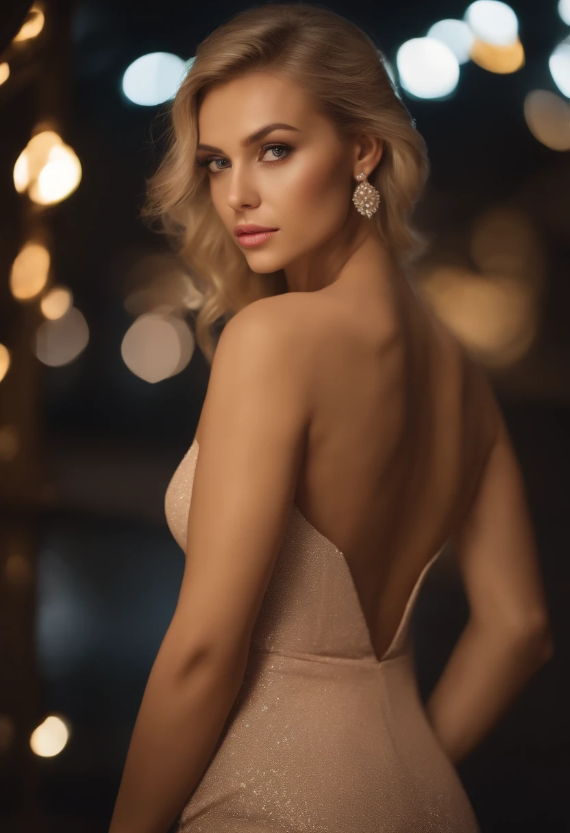 8k, masterpiece, RAW photo, en iyi kalite, fotorealistik, highly detailed CG unity 8k wallpaper, depth of field, Cinematic light, lens flaresi, ray tracing, (an extremely beautiful face, beautiful lips, Beautiful eyes), Face with intricate detail, (ultra-detailed skin), 1 girl, Dark, in deep shadows, beautiful ukranian girl, Ukranian model, 1 erkek, (a very fit and muscular body:1.3), (looking at the audience), (A GREAT TENACIOUS LOOK:1.3), (kolsuz), (Fashion City by Night, dark night, neon tabelalar, Blurred background), moda sokak gece, (arkada insan olmadan:1.3), beautiful earrings, bilezikler, kolye, pantyhose, clear eyes, Walking, (solgun ten), (big eyes), face forward, (upper body shot), (ipek renkli bir elbise:1.3), (blonde hair), (dar ve dantelli bir elbise), (saydam), (looking at the audience:1.3) open chest, very thin, medium-sized breasts, Don't turn your back, (Rear shot), saydam, Buttocks of medium size,. No shirt, big boobs