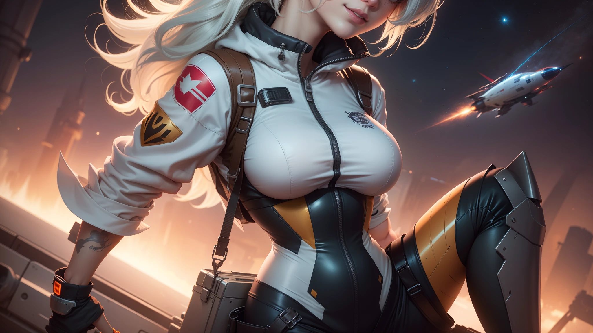 gwen tennyson,ryuuko matoi,y'shtola rhul,tracer,atelier ryza,overwatch,close up,mecha pilot,space port,tattoos,orange and silver plugsuit,white short sleeve lycra top,steel cargo pants,uncovered belly,short hair,cute makeup,green eyes,dimensional golden hair,shy smile,freckles,beautiful girl,large breasts,8k,ultra detailed,realistic,fantasy art,saiyan armor,cyborg armor,steel armor,space ship,pilot uniform,ear piercings,hair pin,super saiyan girl,saiyan female,pilot jacket,