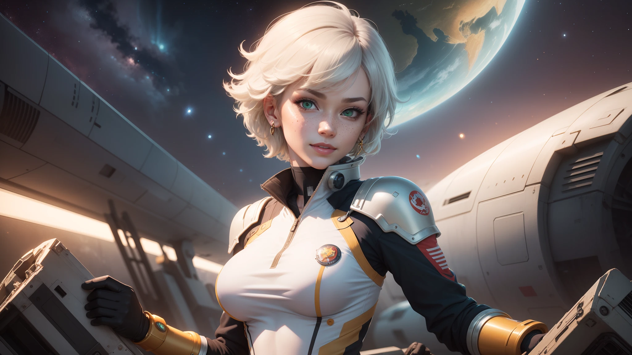 gwen tennyson,ryuuko matoi,y'shtola rhul,tracer,atelier ryza,overwatch,close up,mecha pilot,space port,tattoos,orange and silver plugsuit,white short sleeve lycra top,steel cargo pants,uncovered belly,short hair,cute makeup,green eyes,dimensional golden hair,shy smile,freckles,beautiful girl,large breasts,8k,ultra detailed,realistic,fantasy art,saiyan armor,cyborg armor,steel armor,space ship,pilot uniform,ear piercings,hair pin,super saiyan girl,saiyan female,pilot jacket,