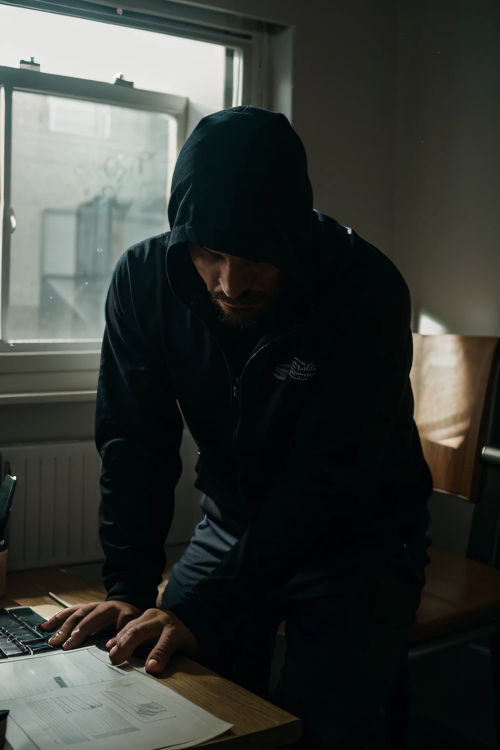 Na imagem, a man is sitting at a desk with a PC in front of him. It is lit only by the dim light coming in through the window. The man is facing away from the viewer, and its appearance cannot be discerned, 'Cause he's not revealing his face. He's concentrating on writing something on the computer, with your hands positioned on the keyboard. Through the window, You can see the darkness of the night outside, with dim lighting all around. The scene conveys a sense of mystery and loneliness, destacando a intimidade do personagem com seu trabalho.
