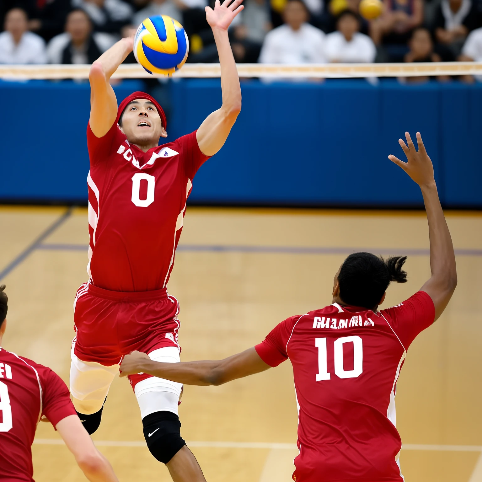 A handsome man wearing a red turban volleyed into the air