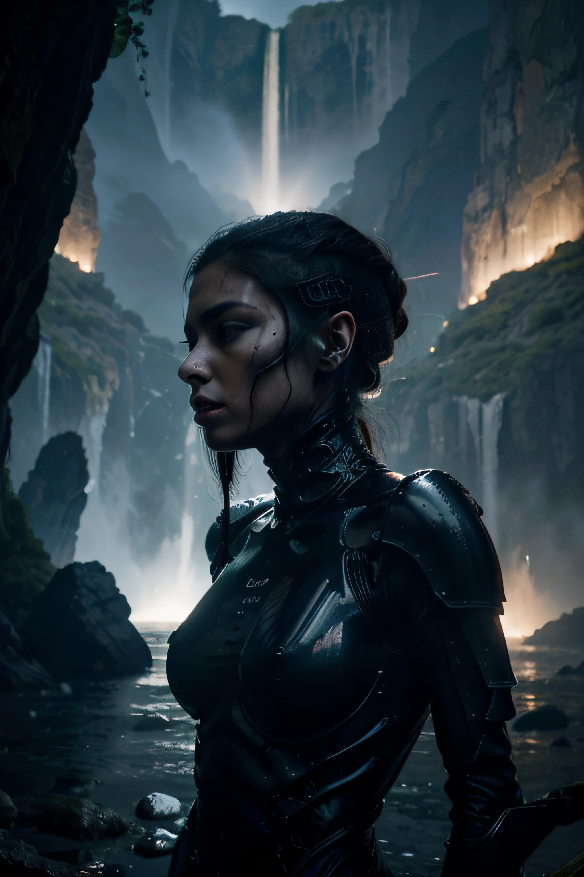 Beautiful female xenomorph, photo realistic style, Creature, Sci-Fi, Dark, Smooth texture, Shiny exoskeleton, Biomechanical design, elongated head,, elongated jaw, sharp teeth, piercing black eyes, shapely body, Biomechanical tail, translucent membrane, creepy ambiance, Lush alien landscape, Bright flora, Mysterious rock formations, Ambiance Lighting, Cascading waterfalls, Ethereal fog, Distant alien sky, Captivating celestial bodies