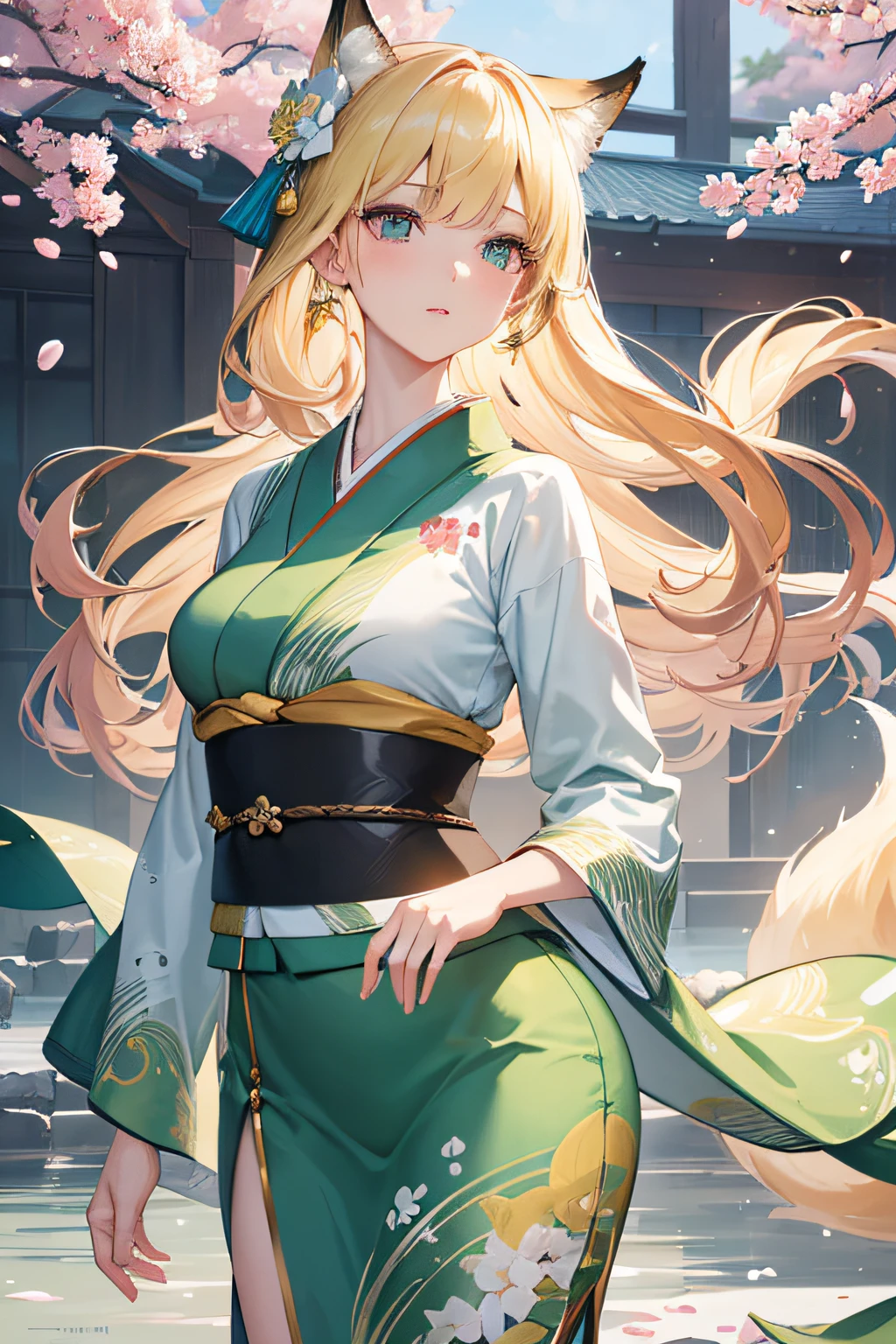 (best quality,4k,8k,highres,masterpiece:1.2),ultra-detailed,(realistic,photorealistic,photo-realistic:1.37),beautiful detailed eyes,beautiful detailed lips,extremely detailed eyes and face,longeyelashes,1girl,traditional Japanese garden,lotus flowers,serene atmosphere,Cherry blossoms [spring],geisha-inspired makeup,slender figure,dancing gracefully,soft lighting,subtle yet vibrant colors,delicate brush strokes,traditional Japanese calligraphy brushstroke effect, elegant pose,subtle fox-like features,fluid and flowing kimono pattern,green and gold color palette,air of mystery