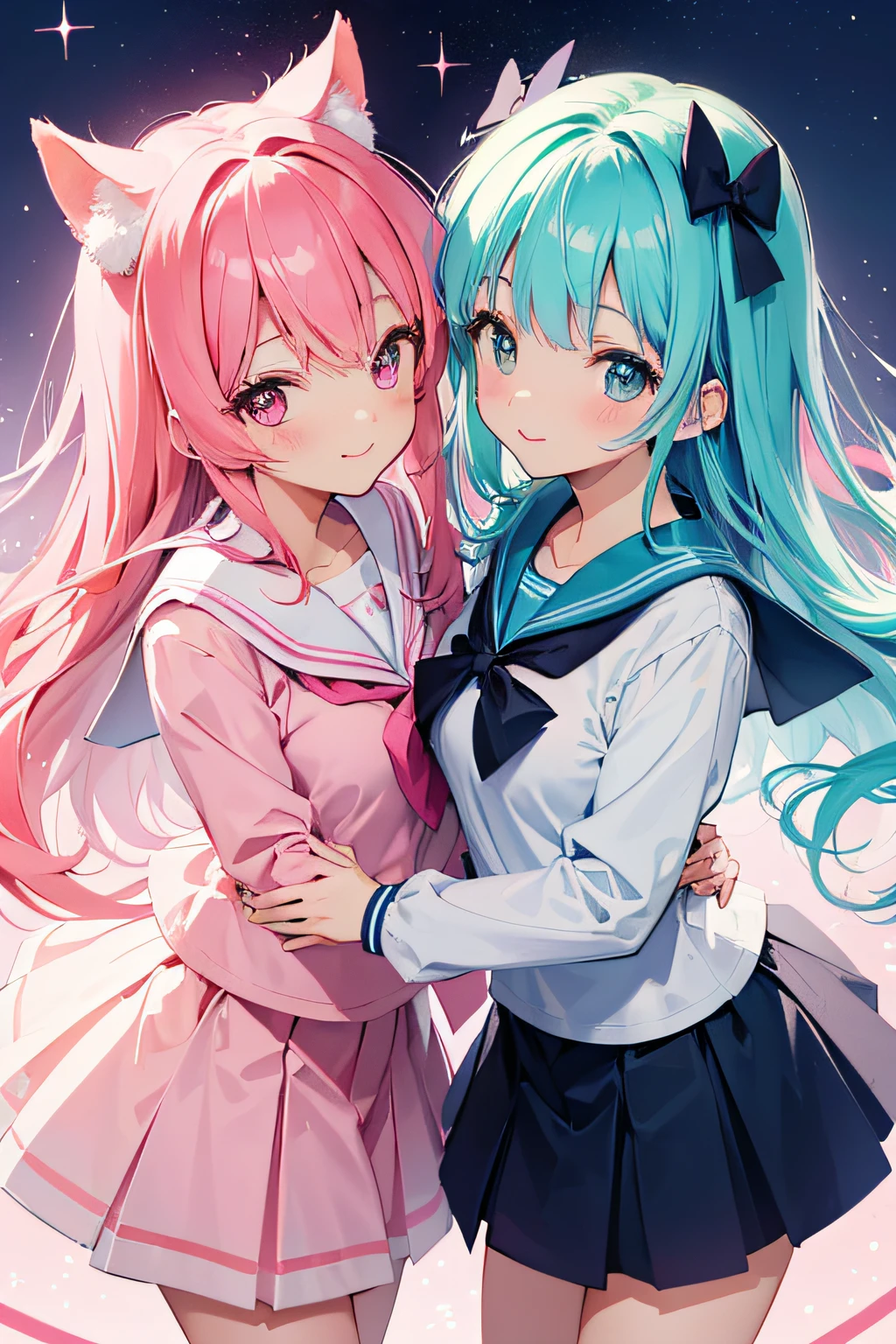 (best quality,highres),2 girls,sailor uniform,vibrant colors,playful,pastel tones,soft lighting,anime,smiling faces,flowing hair,pink bows,sparkling eyes