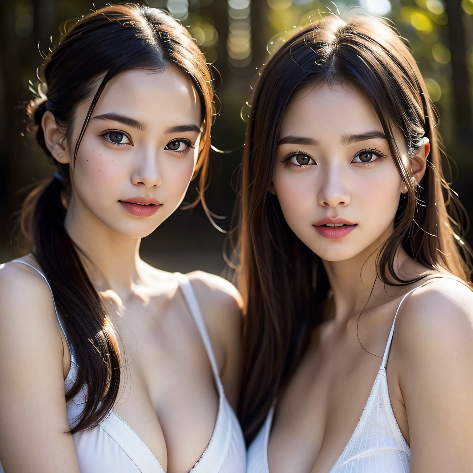 3 girl, twintail, (Beautiful breasts), (The details of the face are very beautiful.), (bestquality:1.4), 8k resolution, high-res, (photorealistic portrait, high-res:1.4), RAW photo, (Realistic, real light:1.37), Real breasts, No underwear., Gloss on lips, long-haired, parted lips, Staring at me., Hot Onsen, forests,