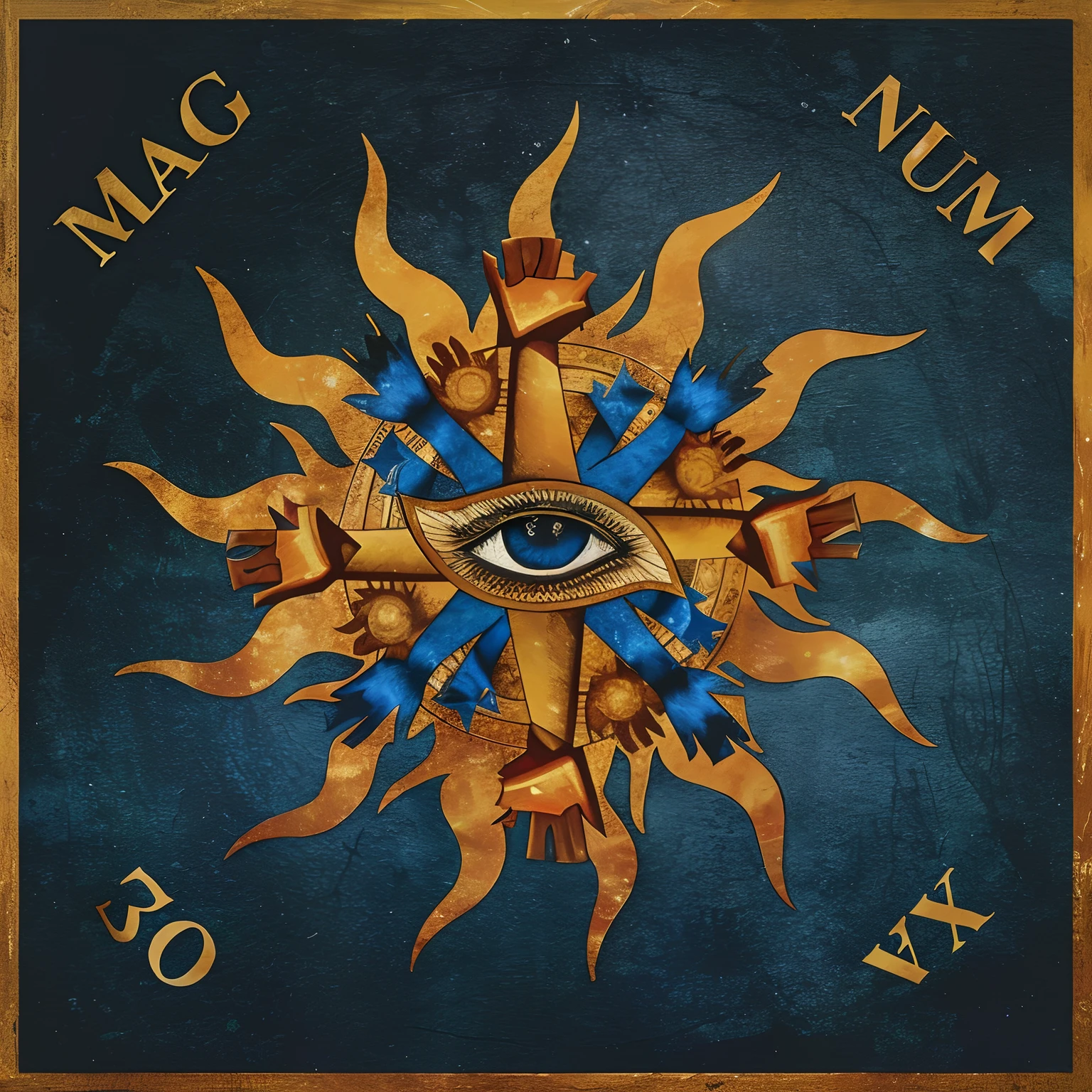 um close up de uma pintura de um sol com um olho, com veios de magma e ouro, eye of providence, magical and alchemical weapons, opus magnum, arte oficial, the eye of providence, Album art, capa do cd, masonic art, Directed by: Joe Mangrum, album, Directed by: Maksimilijan Vanka, arte da capa, album cape