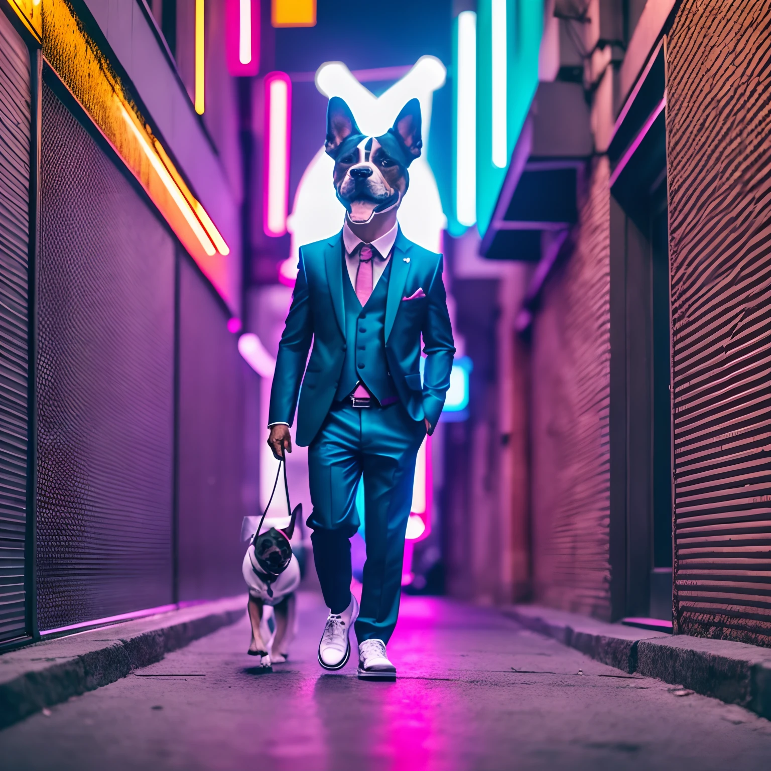 Humanoid dog dressed in a mini suit, estilo de rua, tons claros, meio transparente, listrado, em uma cena de vida de rua, Estilo hip-hop, neon light