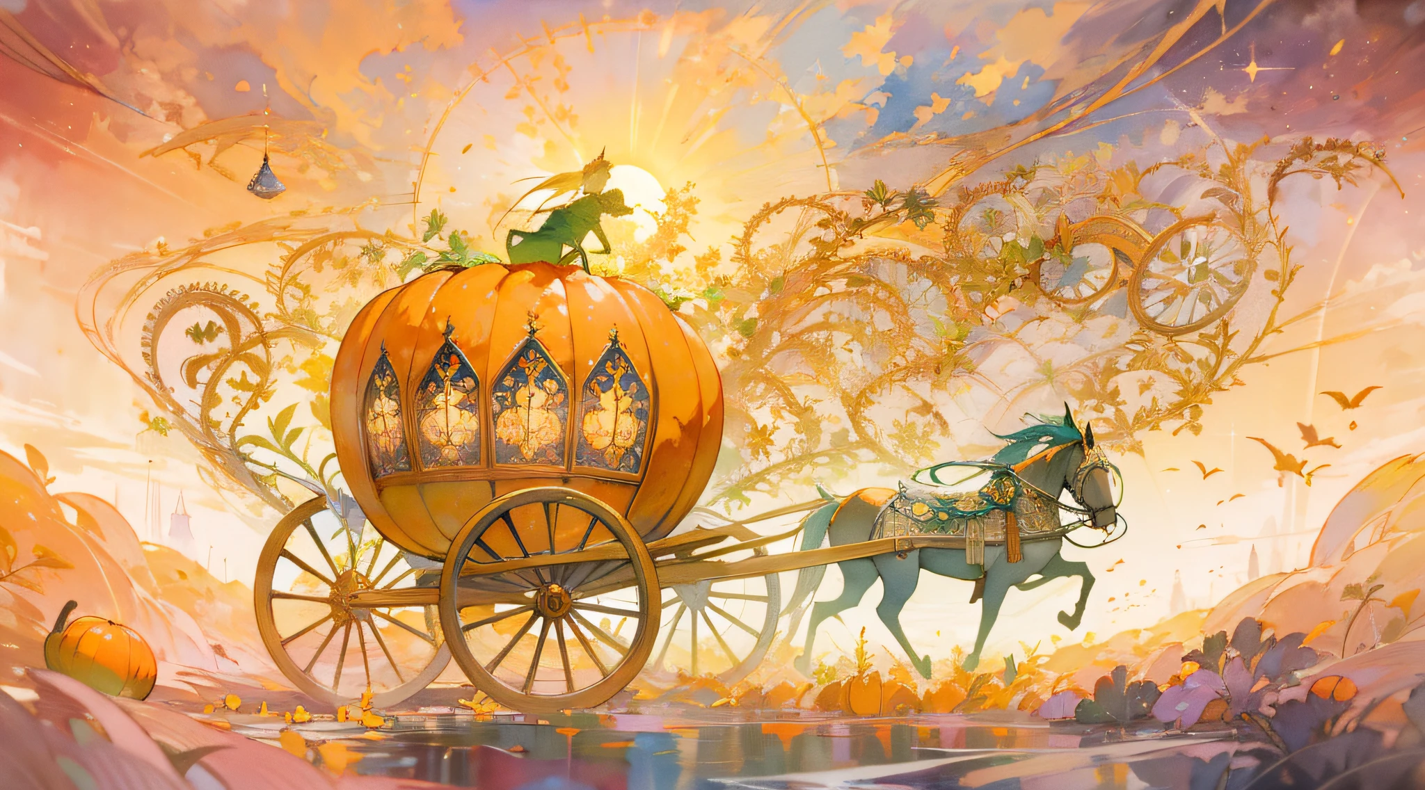 There is a painting of a carriage with a pumpkin on it - SeaArt AI