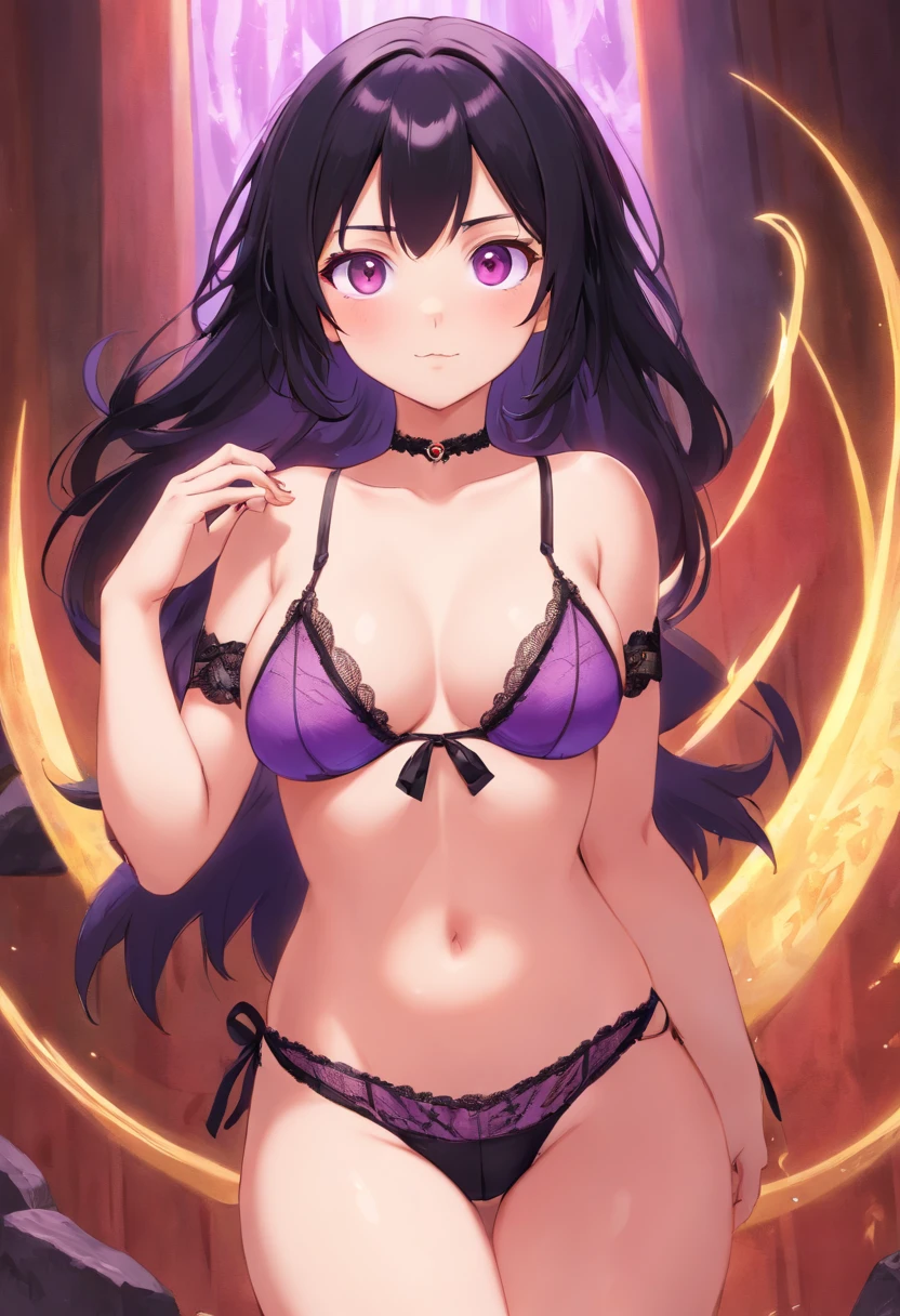 loli girl, 1girl!!, teen, red eyes, black hair, purple and black lingerie, curvy, big ass, wide hips, front view, blushing
