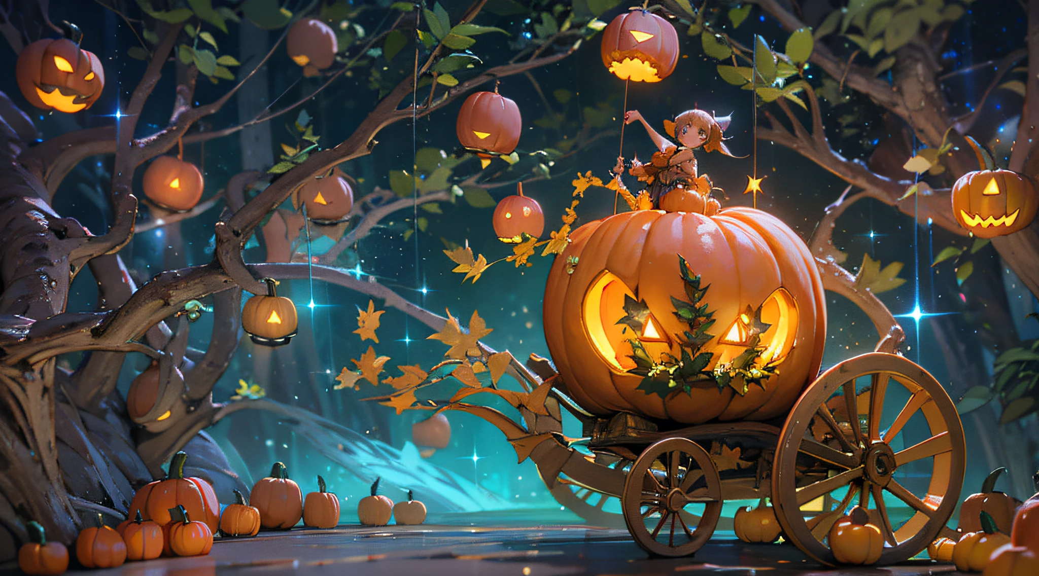 Picture a whimsical pumpkin carriage, levitating above a mesmerizing, starlit forest, with bioluminescent creatures lighting the way, evoking a sense of enchantment and wonder, 3D rendering with a focus on details and intricate design