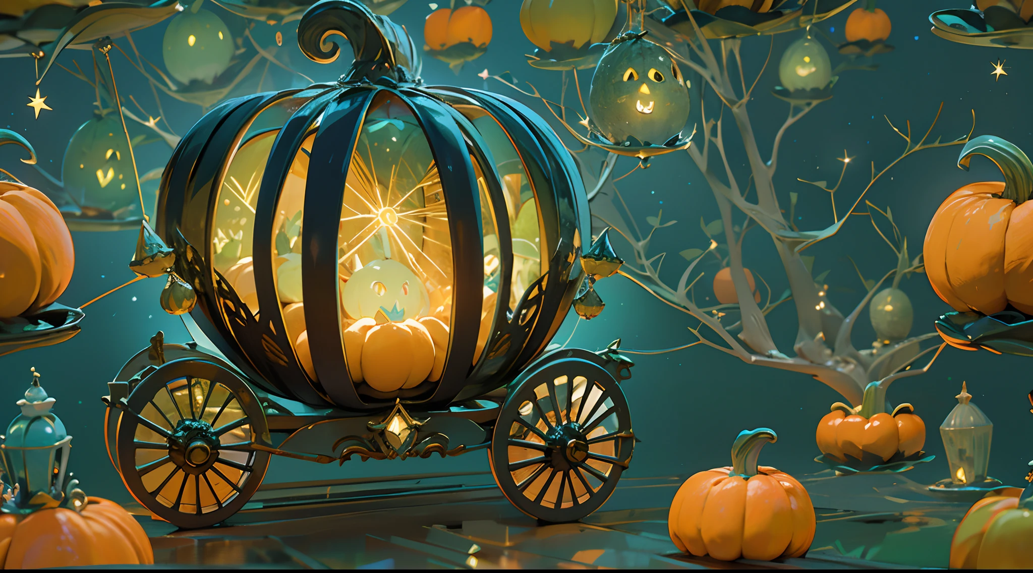 Picture a whimsical pumpkin carriage, levitating above a mesmerizing, starlit forest, with bioluminescent creatures lighting the way, evoking a sense of enchantment and wonder, 3D rendering with a focus on details and intricate design