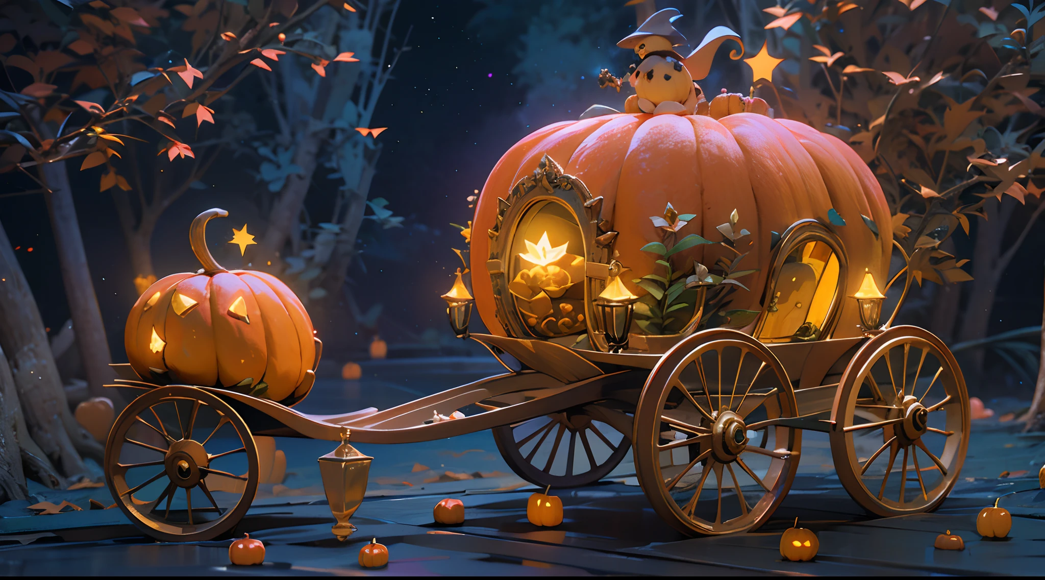 Picture a whimsical pumpkin carriage, levitating above a mesmerizing, starlit forest, with bioluminescent creatures lighting the way, evoking a sense of enchantment and wonder, 3D rendering with a focus on details and intricate design