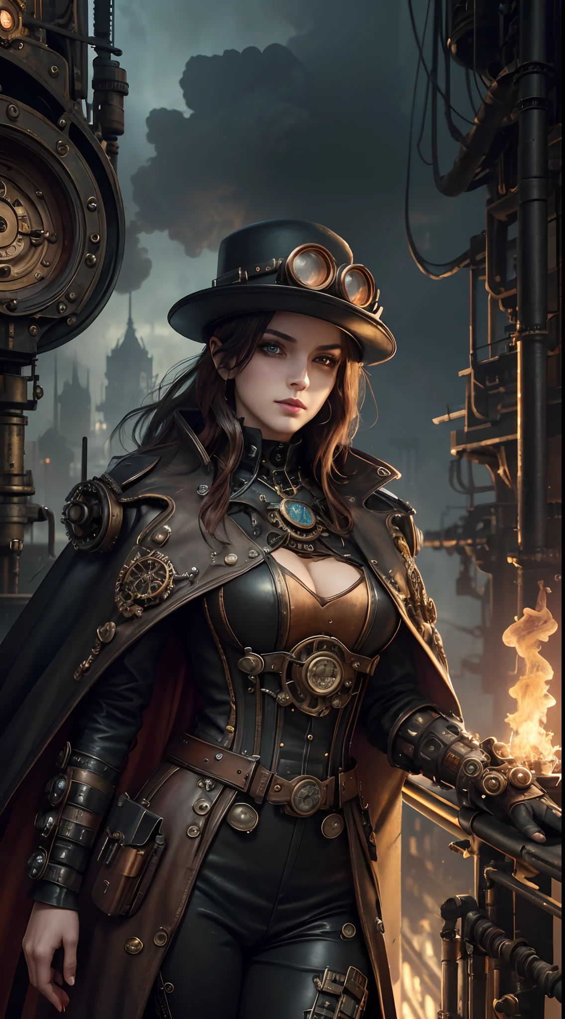 (best quality,8k,highres,masterpiece:1.2),ultra-detailed,realistic,steampunk girl,red hat and black cape,beautiful detailed eyes,beautiful detailed lips,cyberpunk city background with HDR lighting,medium:oil painting,steampunk machinery,industrial atmosphere,vivid colors,professional,sharp focus,physically-based rendering,wisps of steam,mechanical augmentations,antique goggles,futuristic elements,Victorian fashion,smoke billowing,gritty textures,high-tech gadgets,visible gears and cogs,mysterious aura,brass and copper accents,impressive architecture,urban decay,contrasting color palette,sci-fi vibes,detail-rich cybernetics,conceptual art