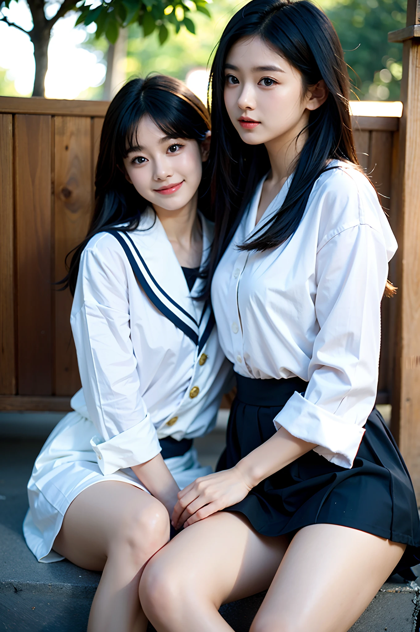 masterpiece, top-quality、Raw foto, Photorealsitic、I have two girls who are 18 years old、Walk while having a pleasant conversation、sideshot、a closeup、Open your mouth and laugh、Short bob blonde and long black hair、Japan High School Girl、a sailor suit、Knee-length skirt、校服、Idol、Smaller chest、unbelievable Ridiculous、depth of fields, hight resolution, ultra-detailliert, foco nítido, Cinematic lighting