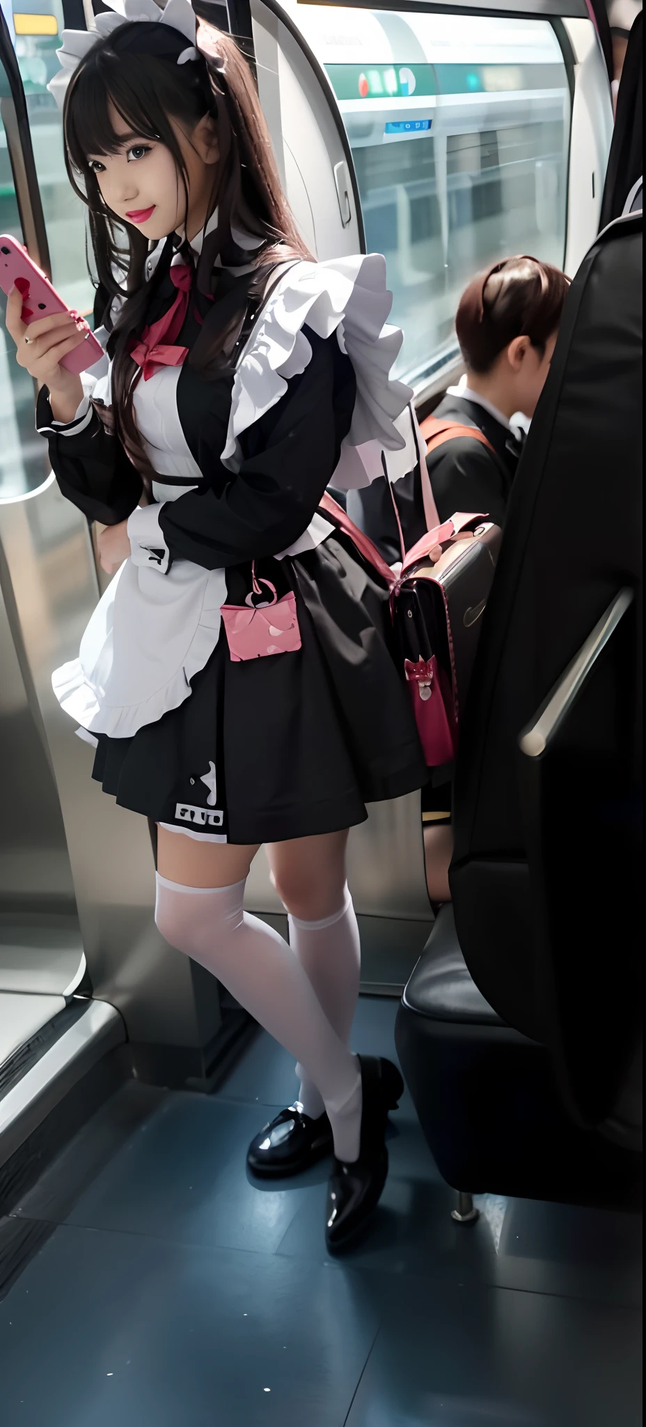 Woman in maid costume sitting on train using cell phone on subway using mobile phone, cosplay of a catboy! maid! dress, wearing skirt and high socks, wearing maid uniform, dressed as schoolgirl, anime girl in a maid costume, Maid outfit, Surrealism female students, japanese maid cafe, cute female student,