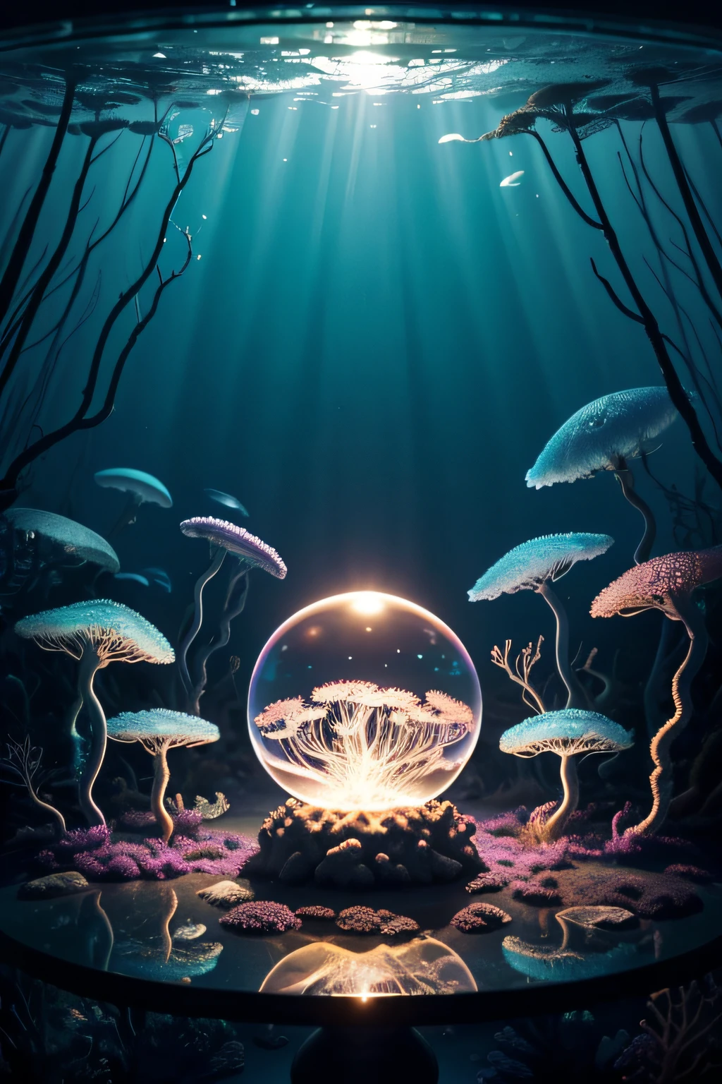 Ultra-realistic, 16K high resolution, (Max Sharp Focus: 1.3), (Max Close-up: 1.5), (Electric jellyfish trapped in a crystal ball with a pedestal on a table: 1.7), (Seaweed forest, ice, coral reef: 1.5),