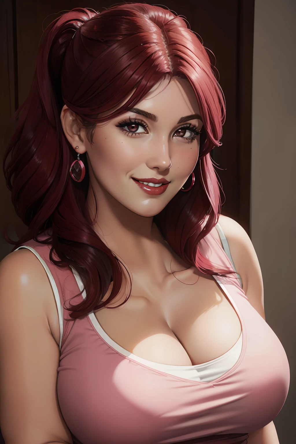 lucy pinder, face portrait, portrait, beautiful face, cleavage, red lips, smiling, straight hair, maroon hair, hair tied in a chignon, sleeveless blouse, pink blouse, ((chubby woman)), dark skin, earrings ring.