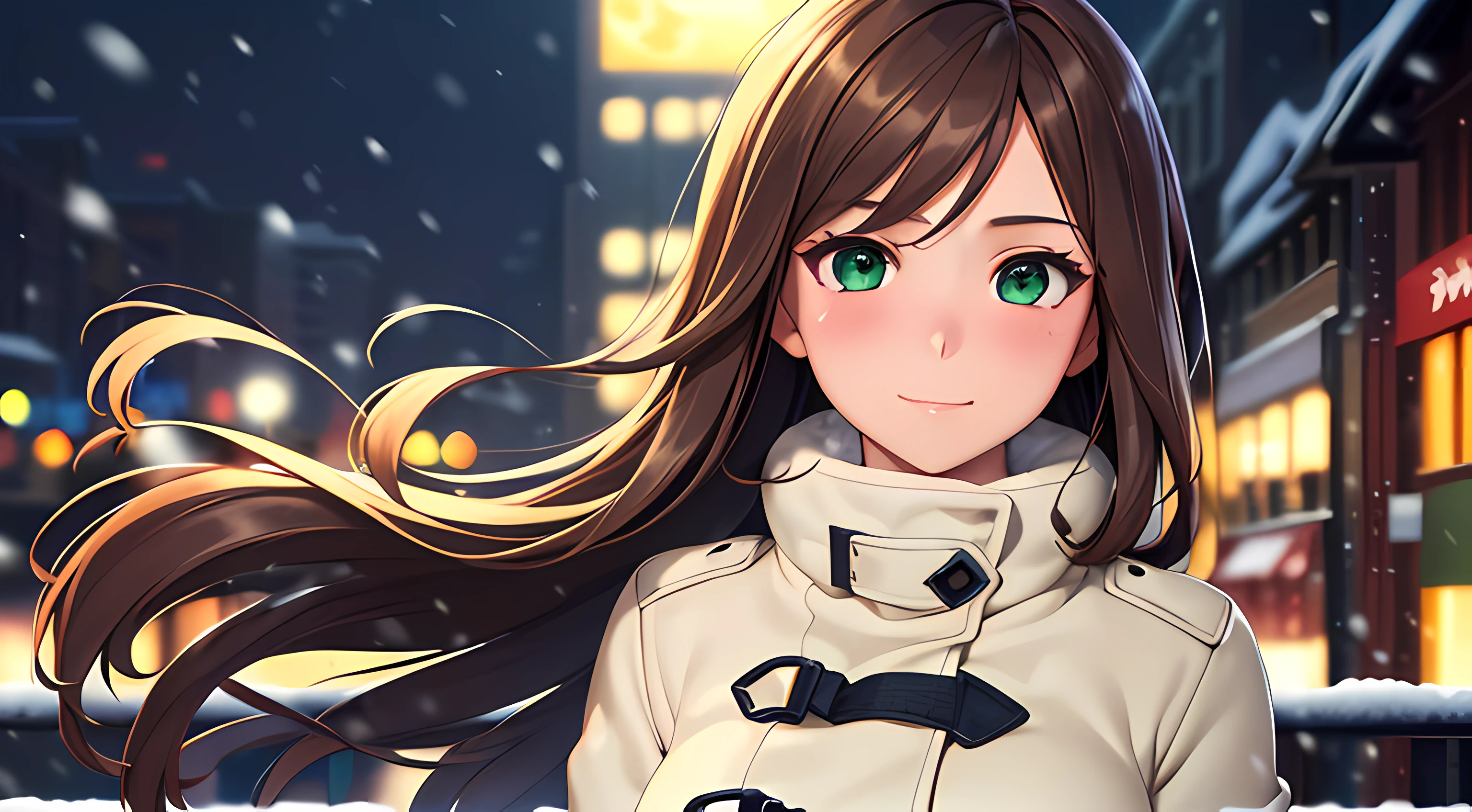((masterpiece, best quality, highres, UHD, perfect pixel, depth of field, 4k, RTX, HDR)), (golden ratio, rule of third), 1girl, single, solo, 24 years old, beautiful anime girl, beautiful artstyle, anime character, ((long hair, parted bangs, brown hair)), (green eyes:1.4, rounded eyes, beautiful eyelashes, realistic eyes), (detailed face, blushing:1.2), (smooth texture:0.75, realistic texture:0.65, photorealistic:1.2, cinematic, anime CG style), medium breasts, perfect body, busty, (dynamic angle, pov), ((winter clothes, long coats, mittens, gloves, long underwear)), night, city lights, bokeh:1.4, (outdoor, city buildings, crowd), ((winter, snowfall:1.8, the wind blows)), sly smile, graceful, prestigious, glorious, elegant