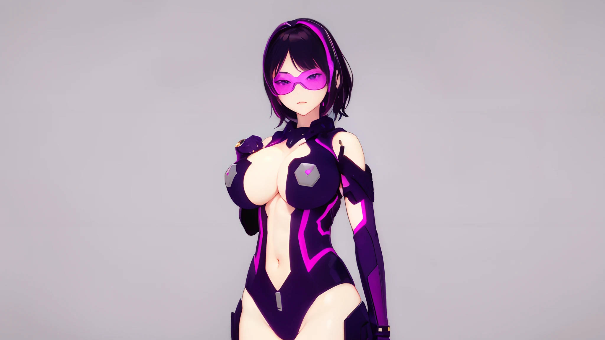 A WOMAN, BEAUTIFULL FACE, HUGE BOOBS, RGB, WHITE, GOLD, PURPLE, MECHA ARMOR FULL SUIT, (CLEAVAGE), TRANSPARANT, TALL LEGS, STANDING, SEXY BODY, MUSCLE ABS.