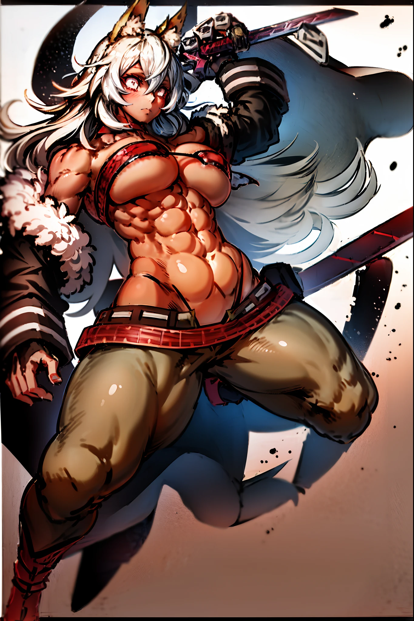 ghislaine dedoldia, animal ears, choker, fur trim, large breasts, abs, muscular woman, white hair, standing, sword holding, fulll body, boots smily , pants, flipflops,standing,warrior